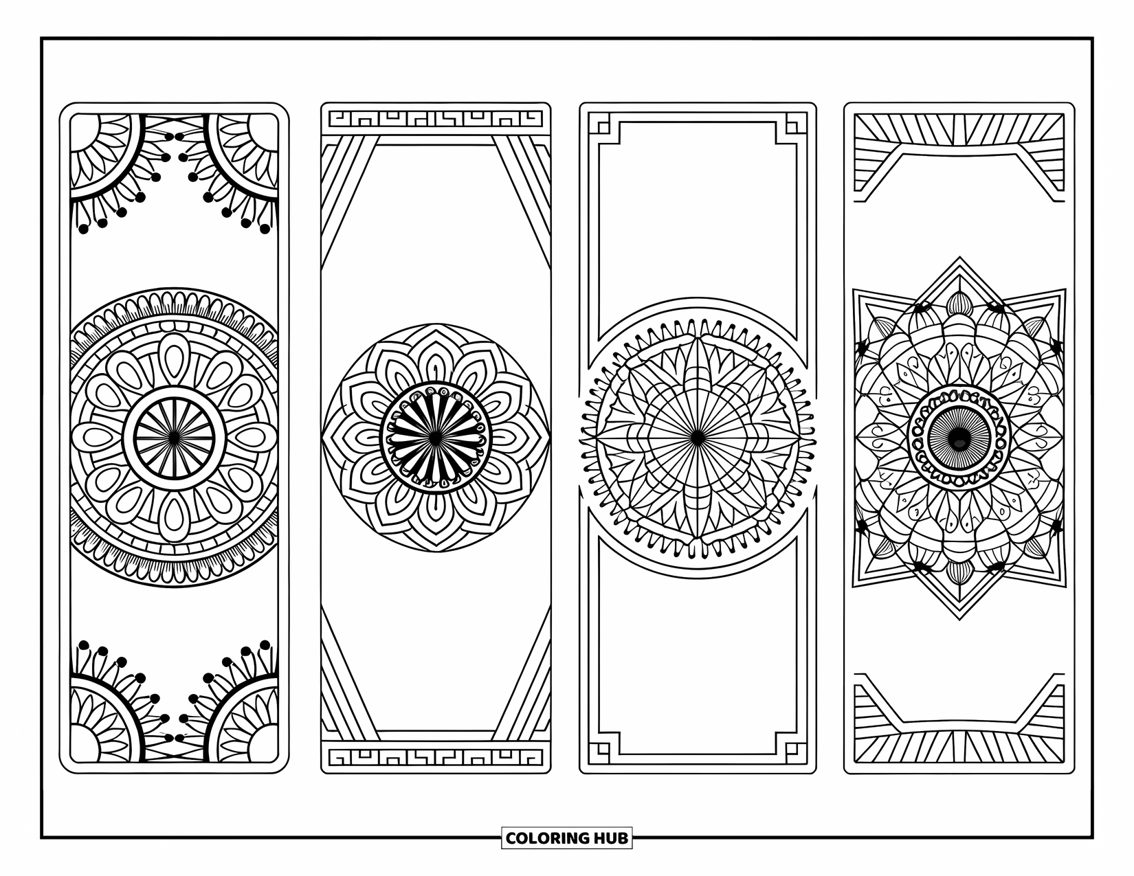 Bookmark Coloring Page for Adults: Bookmarks with centered mandalas framed by neat geometric shapes