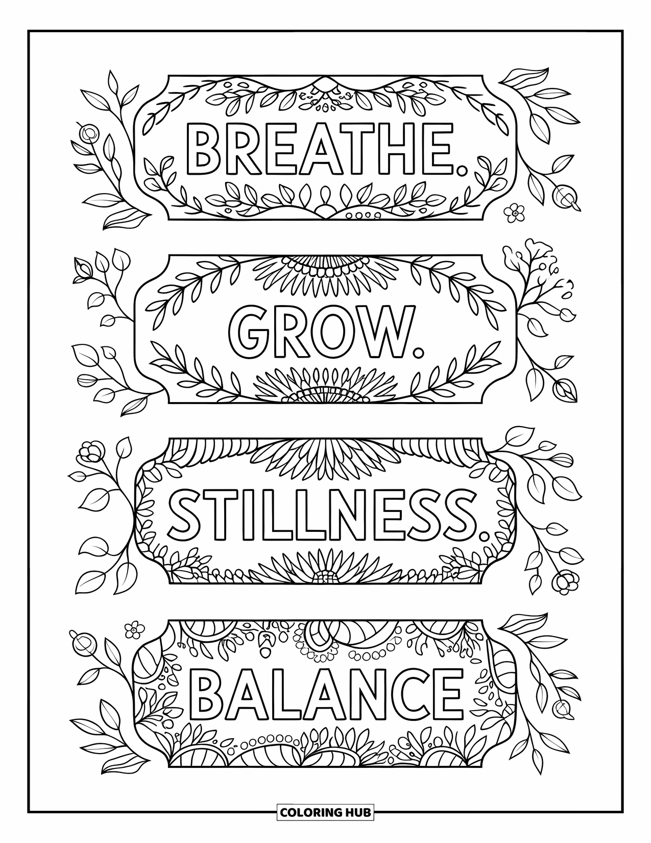 Bookmark Coloring Page for Adults: "Breathe," "Grow," "Stillness," and "Balance" bookmarks with lush botanical borders