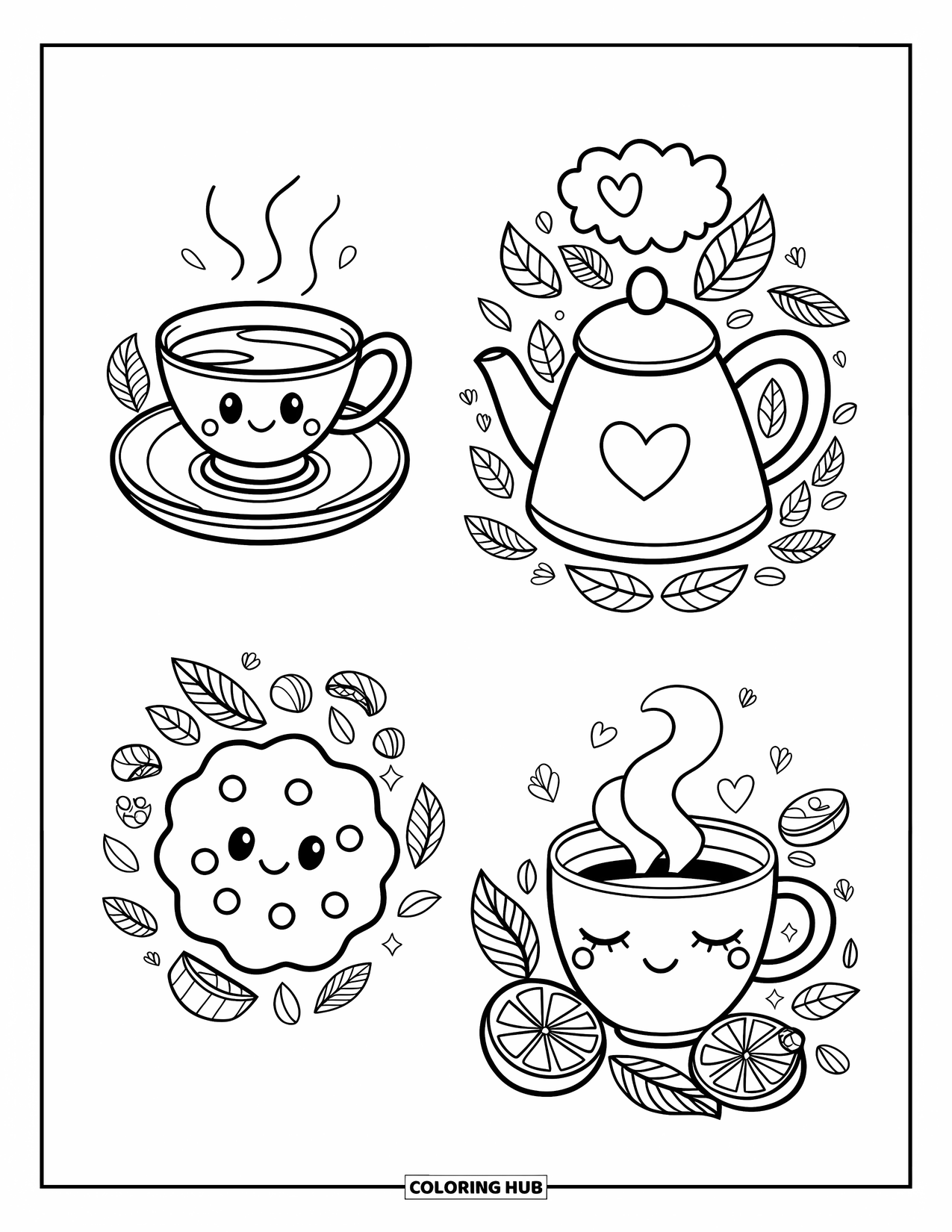 Bookmark Coloring Page for Adults: Cozy tea bookmarks with teacup, steaming kettle, biscuit, and sleepy mug