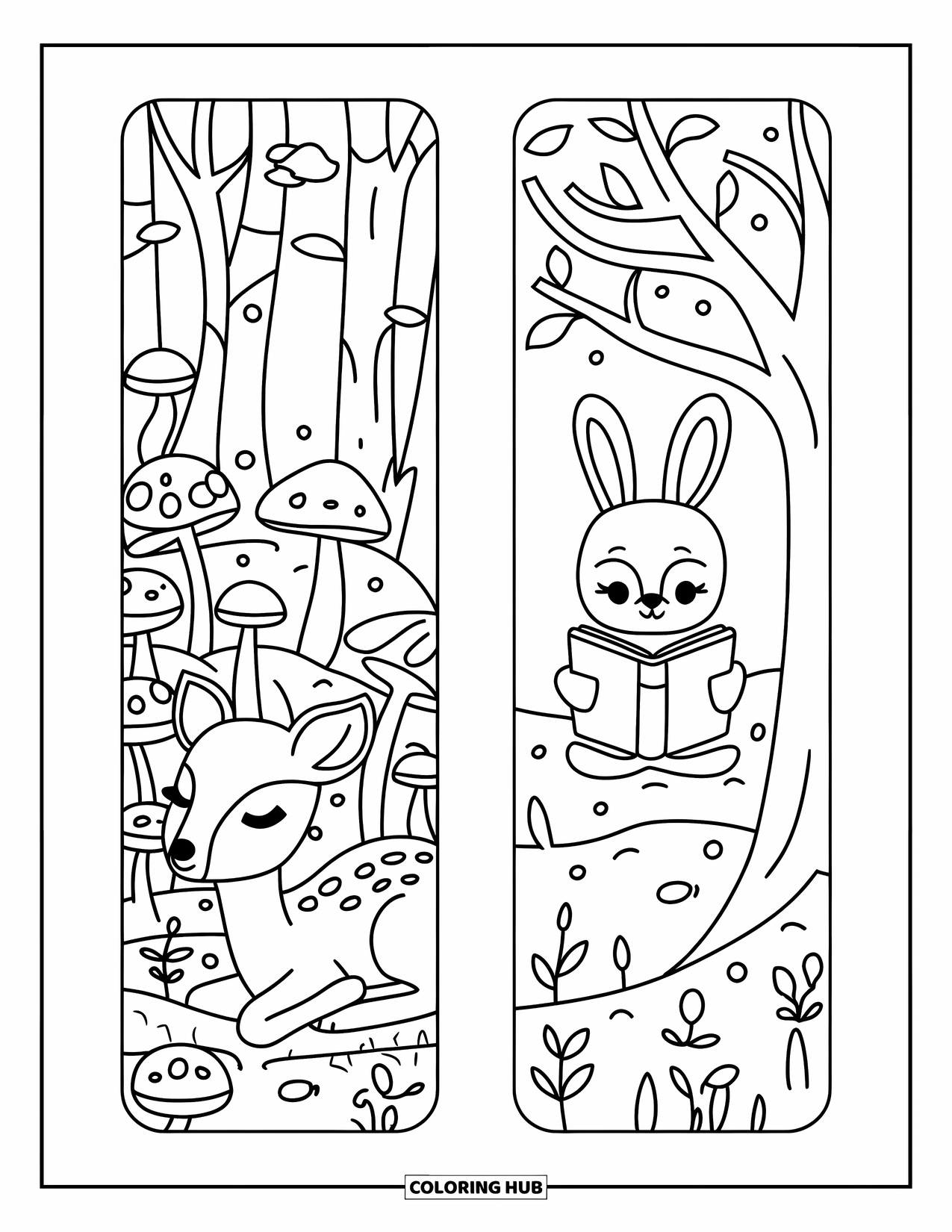 Bookmark Coloring Page for Adults: Deer and bunny forest bookmarks with calm, cozy woodland scenes