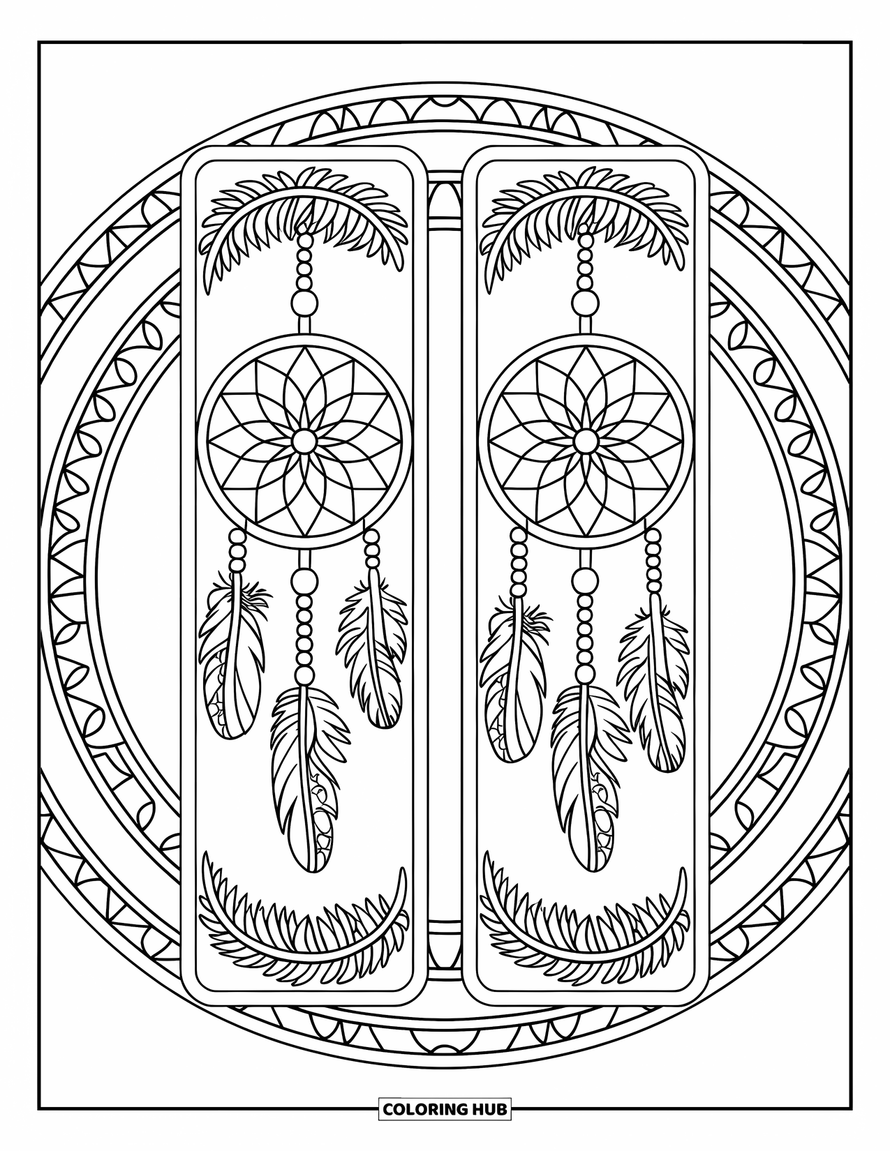 Bookmark Coloring Page for Adults: Dreamcatcher bookmarks with feathers, beads, and web patterns