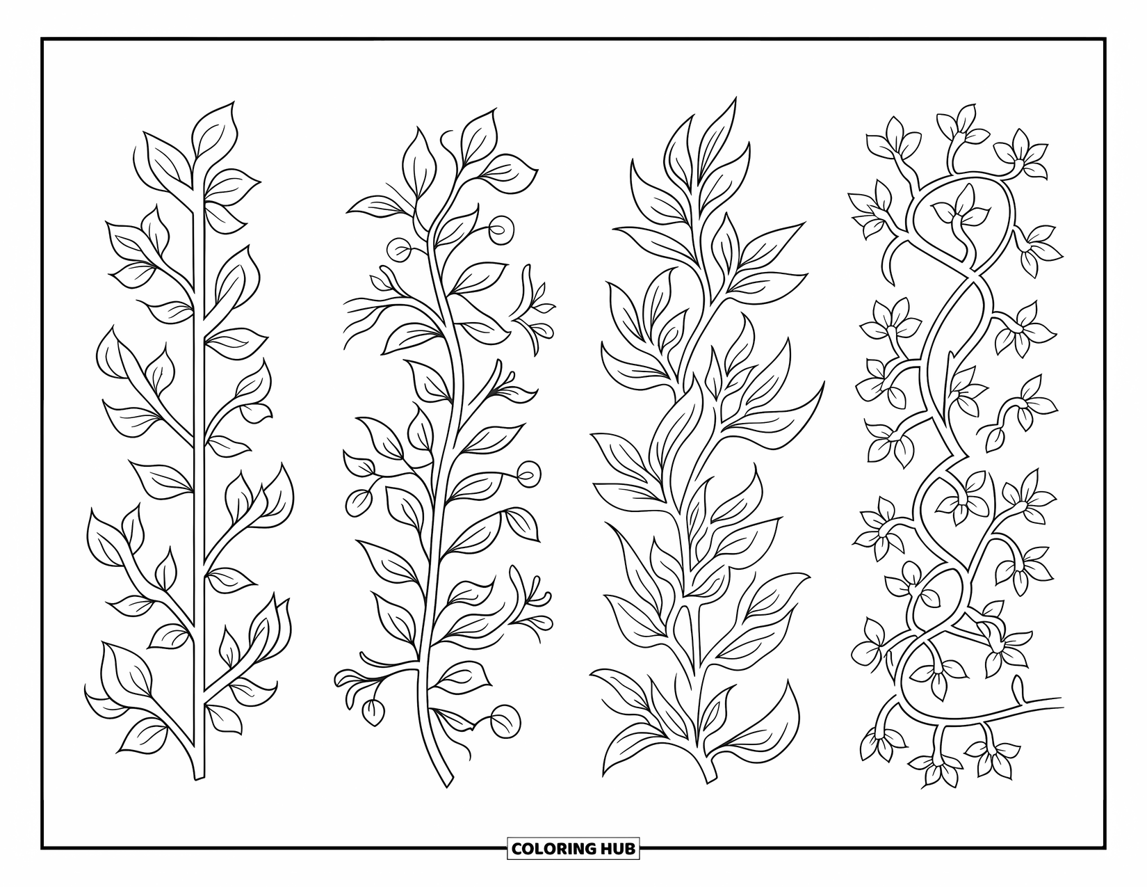 Bookmark Coloring Page for Adults: Floral vine bookmarks with leaves and petals twisting in unique patterns