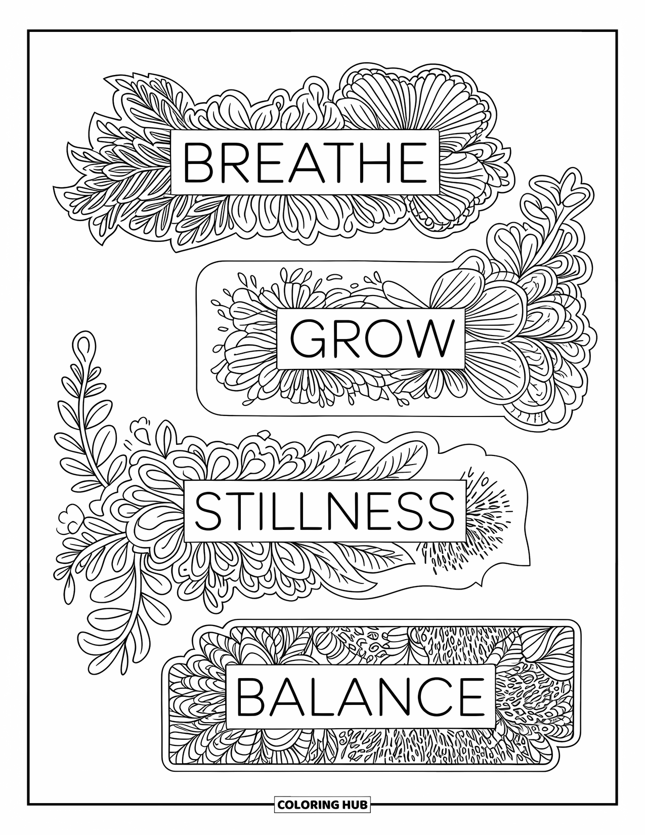Bookmark Coloring Page for Adults: Four bookmarks with "Breathe," "Grow," "Stillness," and "Balance" in botanical designs