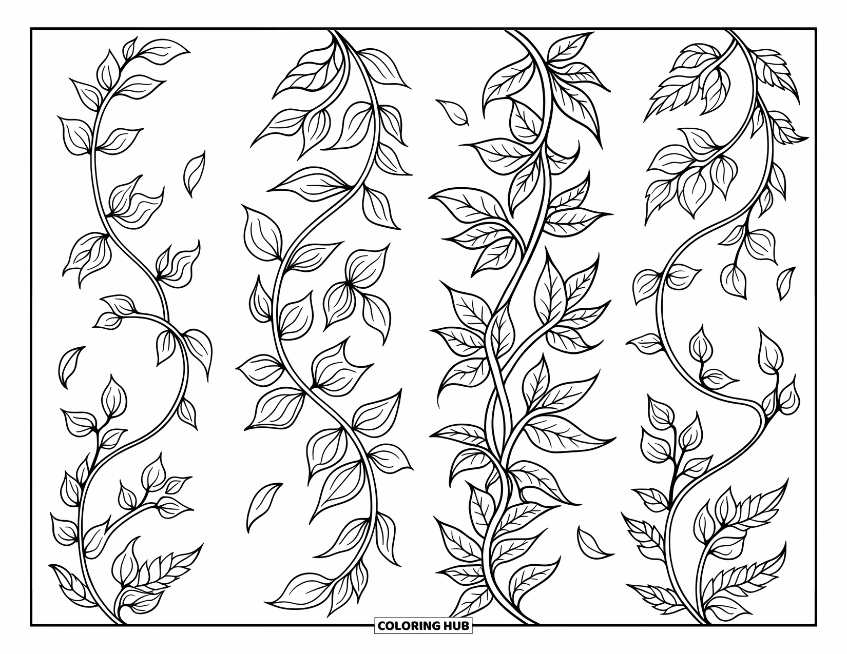 Bookmark Coloring Page for Adults: Four bookmarks with flowing floral vines, leaves, and small petals in different directions