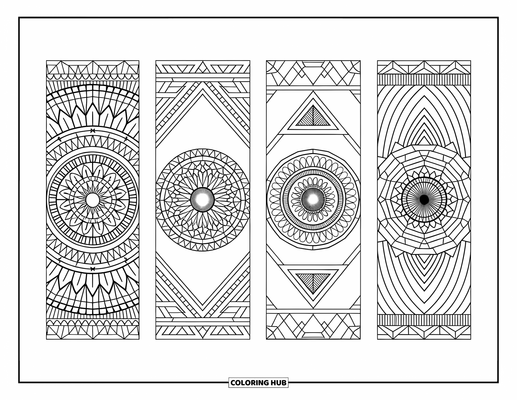 Bookmark Coloring Page for Adults: Four bookmarks with intricate mandalas and geometric borders