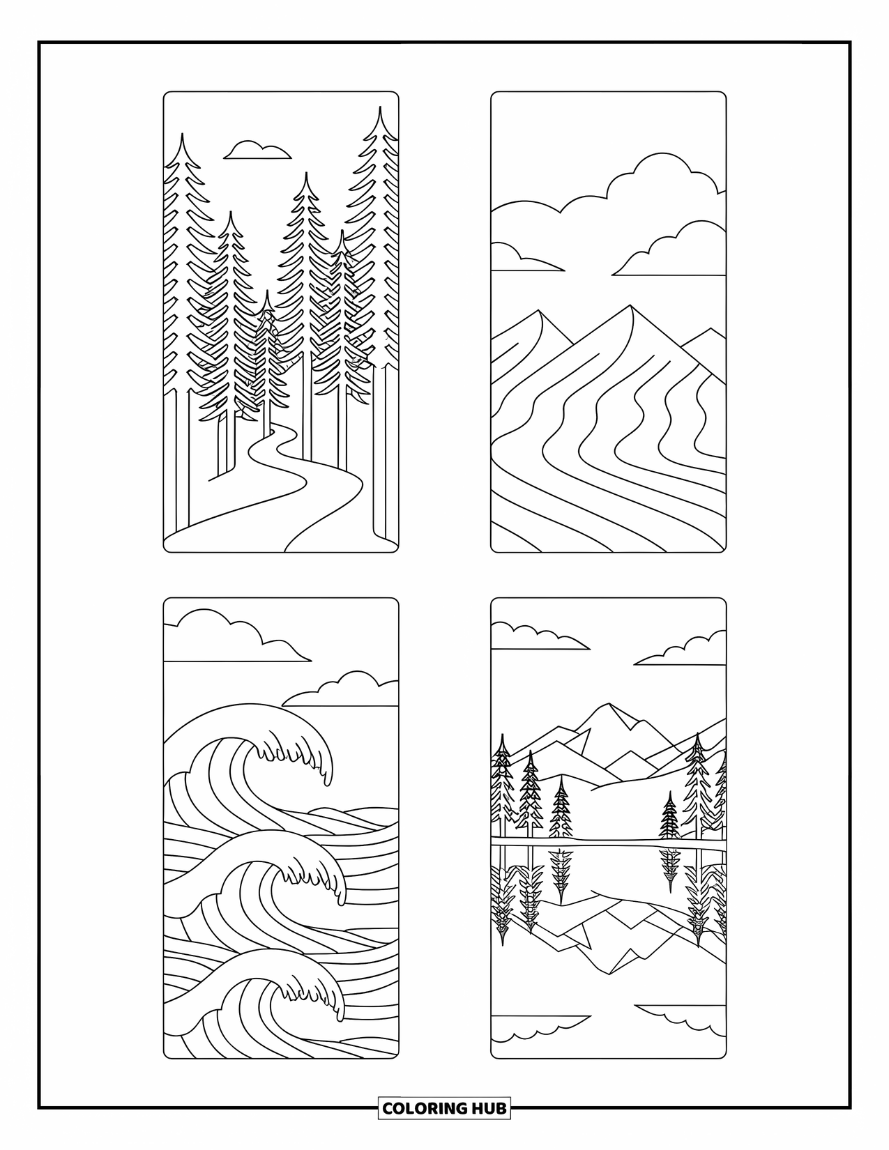 Bookmark Coloring Page for Adults: Four bookmarks with winding forest, mountain view, waves, and reflective lake