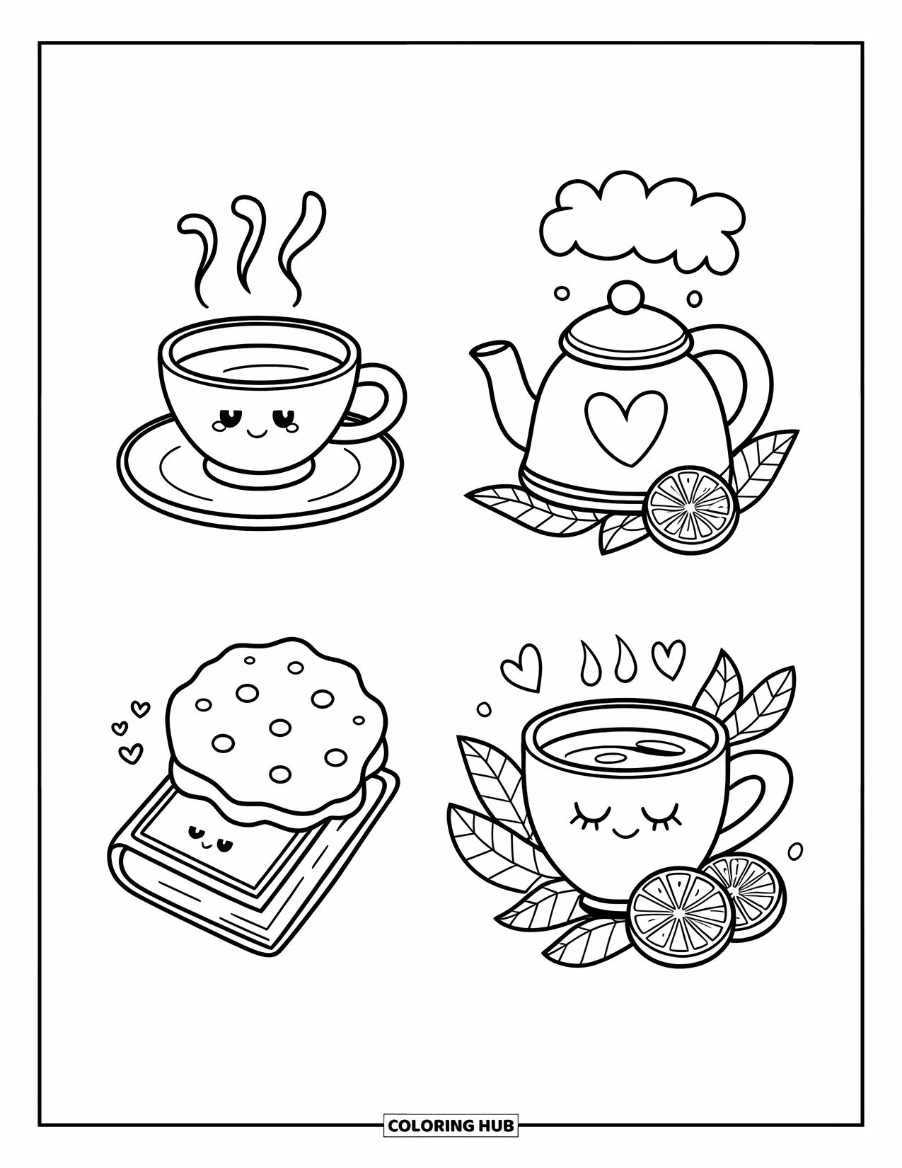Bookmark Coloring Page for Adults: Four tea bookmarks with teacup, kettle, biscuit, and sleepy mug