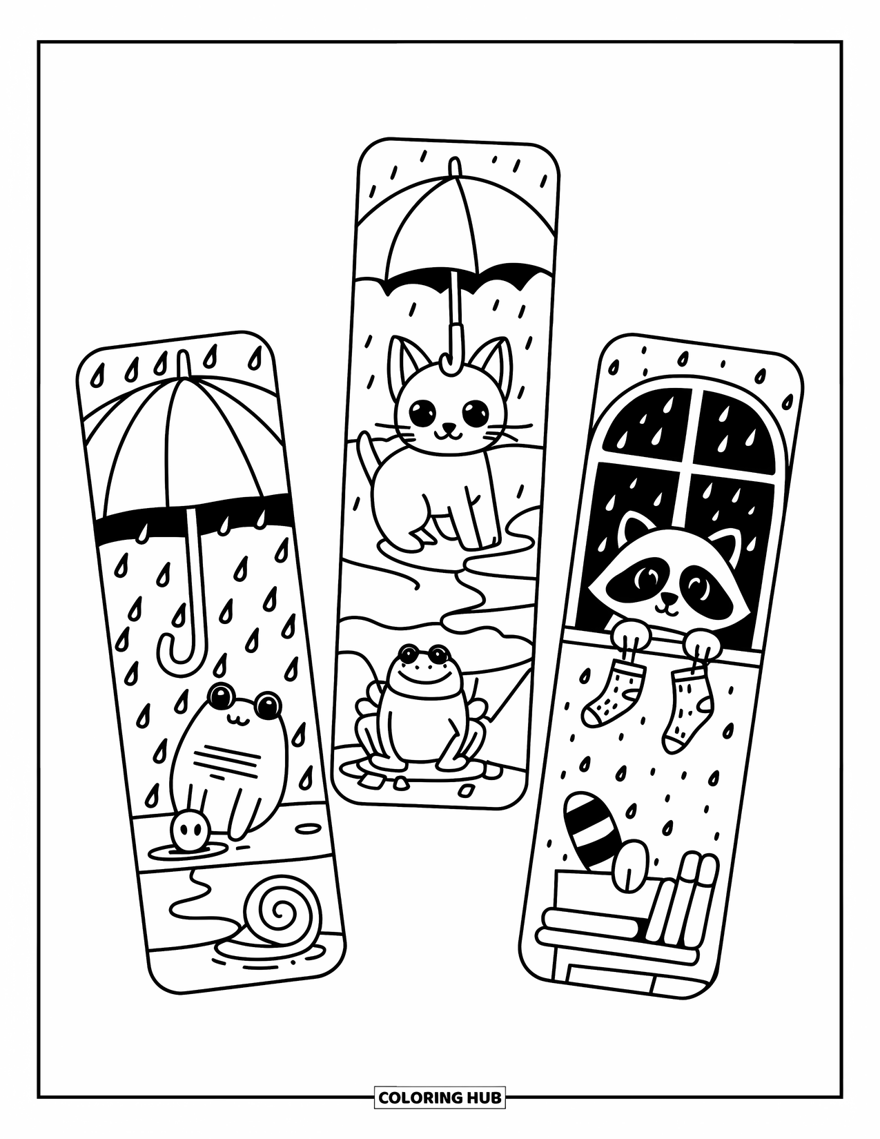 Bookmark Coloring Page for Adults: Kitten under umbrella, frog in puddles, and raccoon by window bookmarks