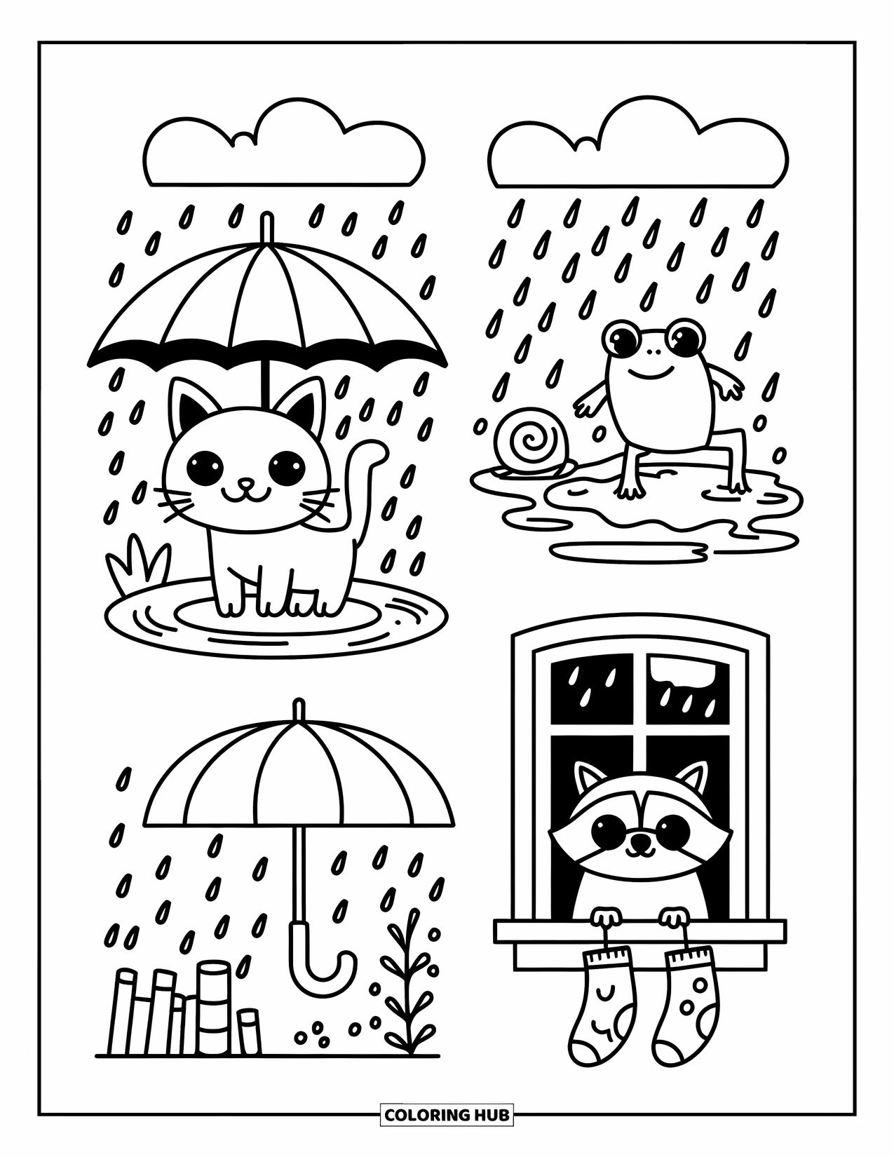 Bookmark Coloring Page for Adults: Rainy day bookmarks with kitten, frog, and raccoon in cozy scenes