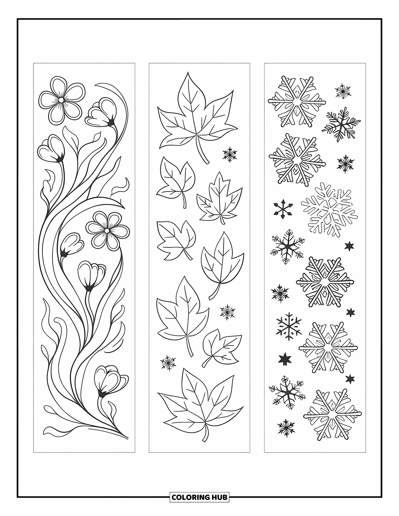 Bookmark Coloring Page for Adults: Seasonal bookmarks with blooming flowers, falling leaves, and snowflake patterns