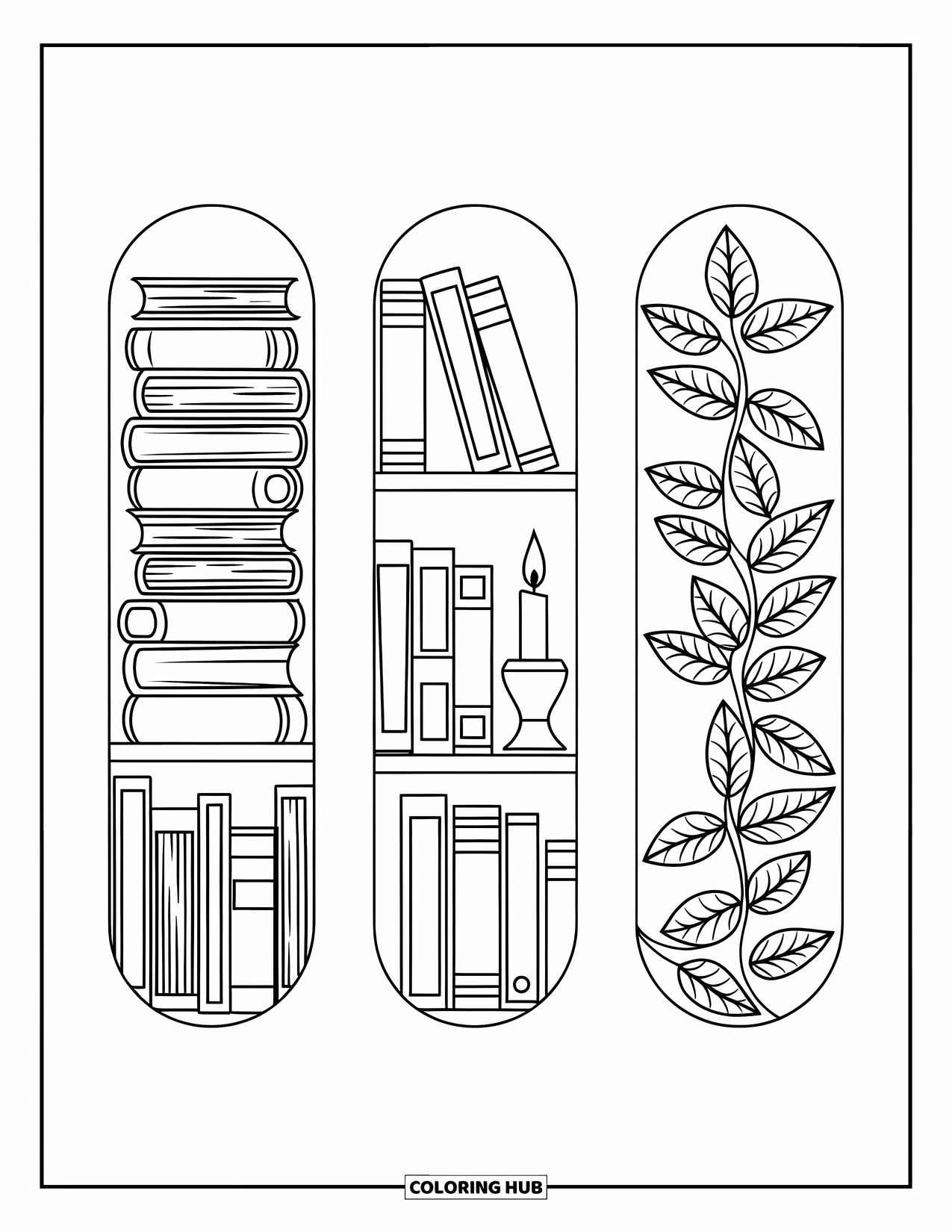 Bookmark Coloring Page for Adults: Stacked books, candle with teacup, and vines curling through books on bookmarks