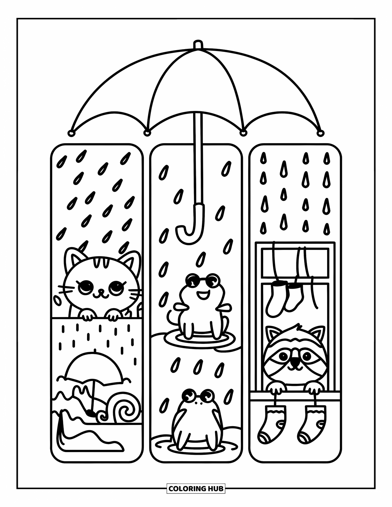 Bookmark Coloring Page for Adults: Three rainy day bookmarks with kitten, frog in puddles, and raccoon by window