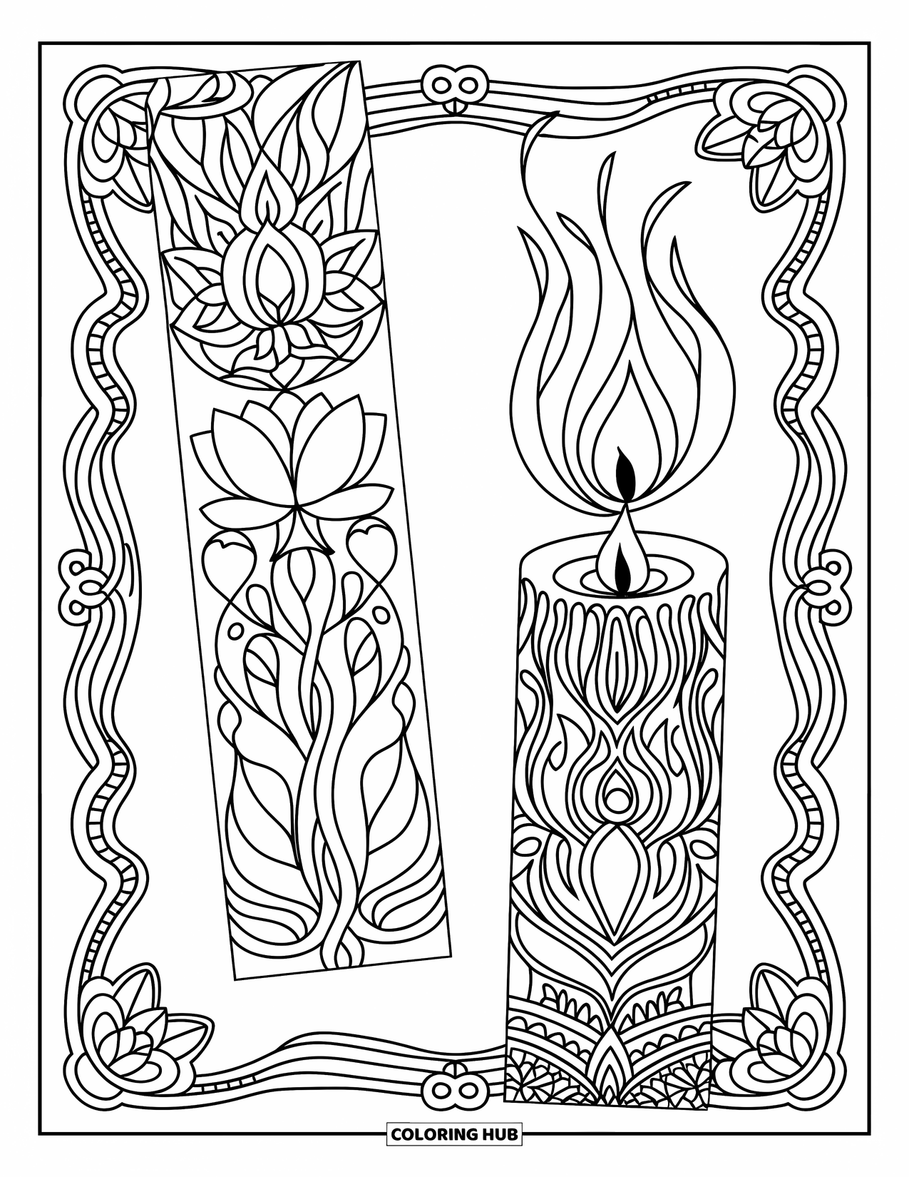 Bookmark Coloring Page for Adults: Two bookmarks with lotus flower and candle surrounded by decorative borders