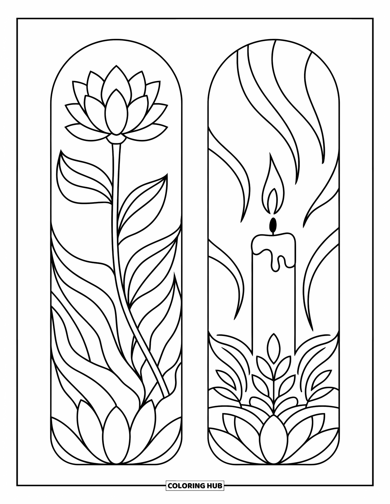 Bookmark Coloring Page for Adults: Two spiritual bookmarks with lotus flower and candle with rising smoke