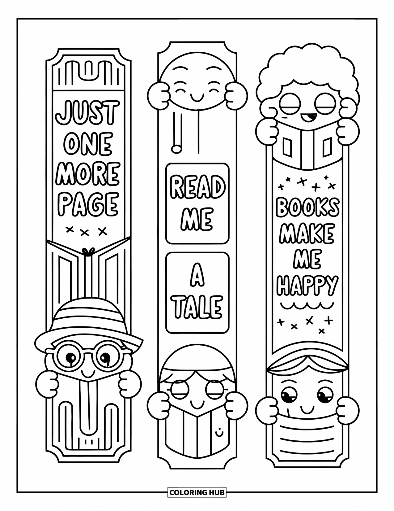 Bookmark Coloring Page for Adults: Word banners with reading phrases and cute characters holding each end