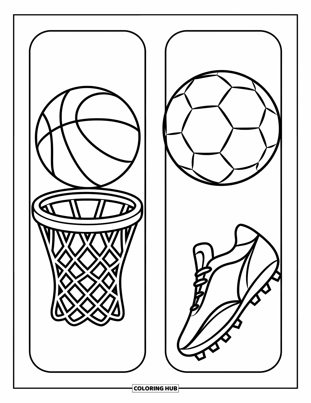 Bookmark Coloring Page for Kids: Basketball flying through hoop and soccer cleat kicking ball bookmarks