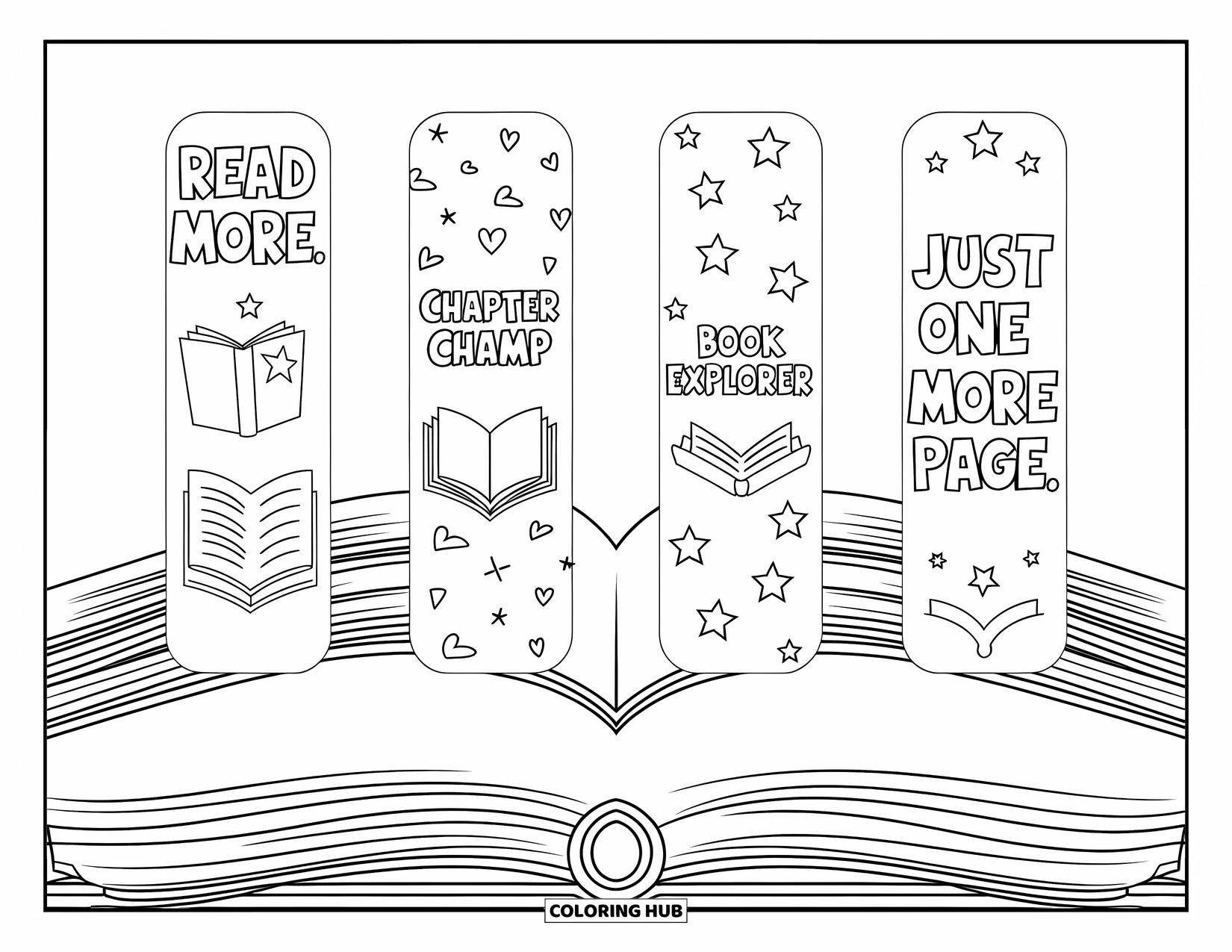 Bookmark Coloring Page for Kids: Book puns on four bookmarks: "Read More," "Chapter Champ," and more