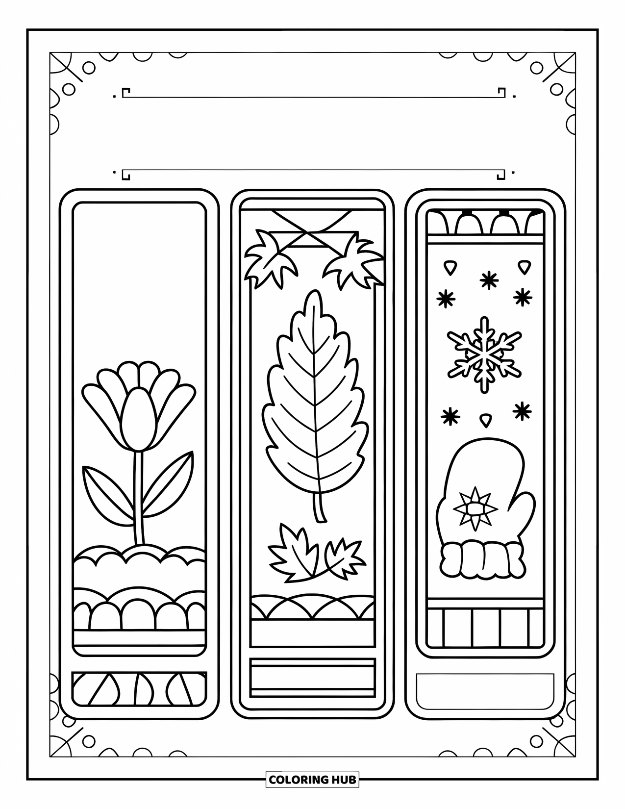 Bookmark Coloring Page for Kids: Bookmarks for spring, autumn, and winter with cute seasonal touches