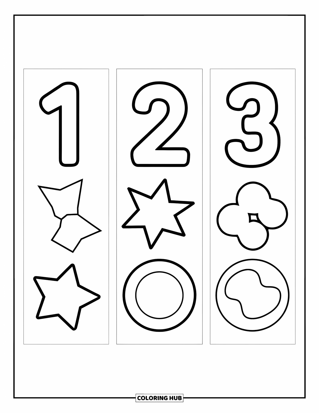 Bookmark Coloring Page for Kids: Bookmarks with big numbers and simple stars or circles for counting fun