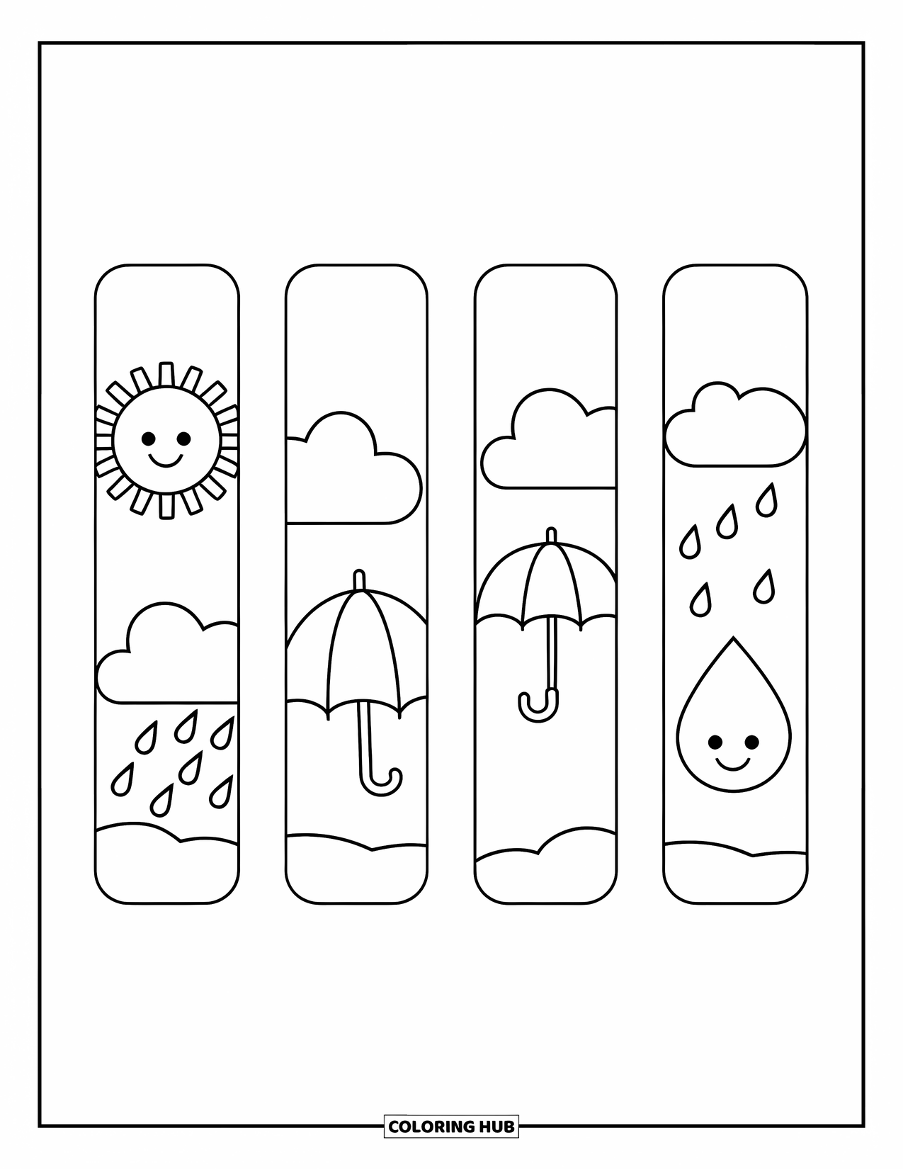 Bookmark Coloring Page for Kids: Four bookmarks with friendly sun, cloud, umbrella, and raindrop