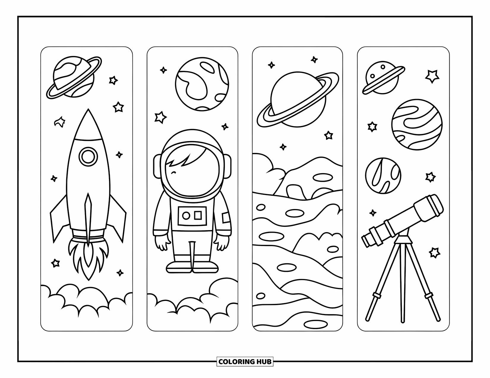 Bookmark Coloring Page for Kids: Four bookmarks with rocket, astronaut, planets, and telescope scenes