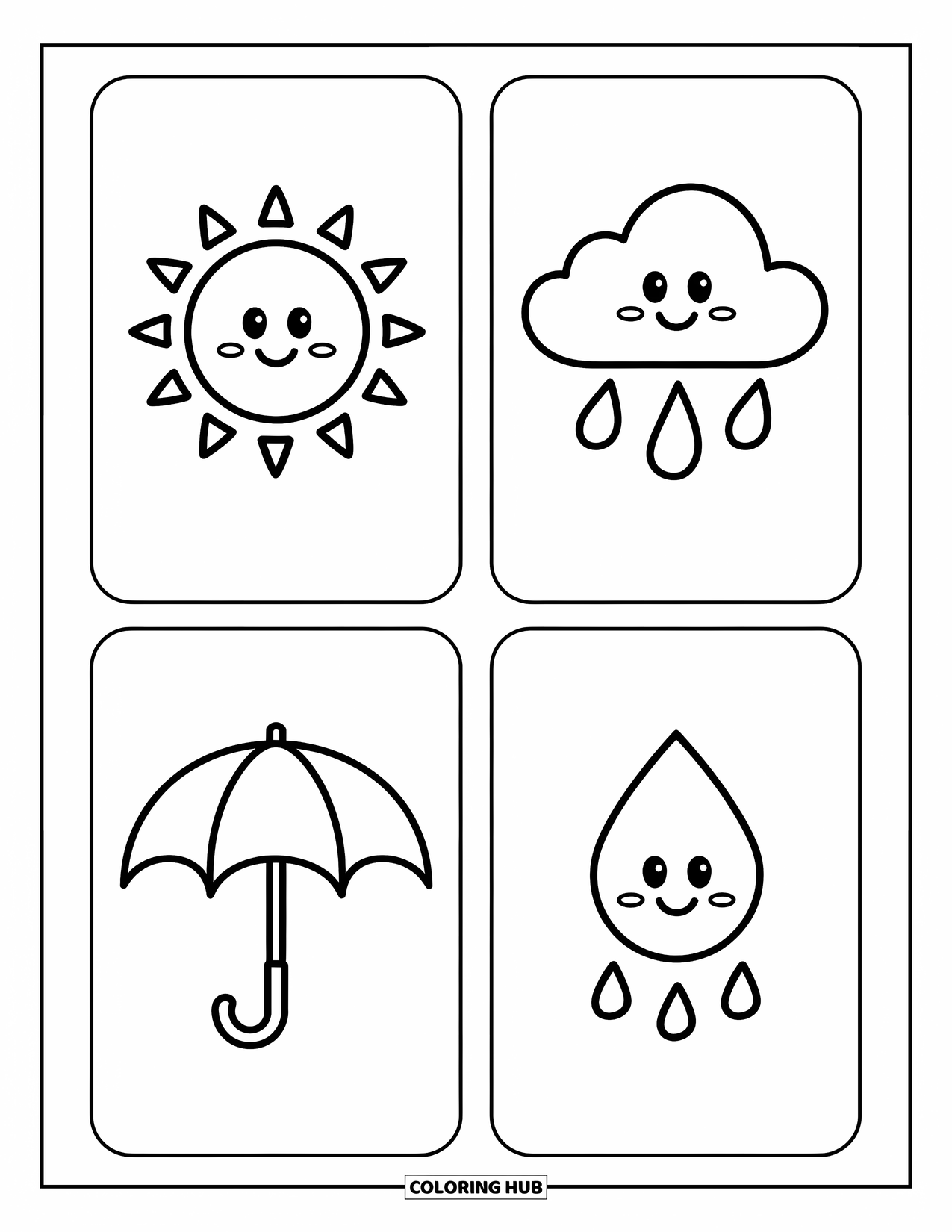 Bookmark Coloring Page for Kids: Friendly weather bookmarks with sun, cloud, umbrella, and raindrop