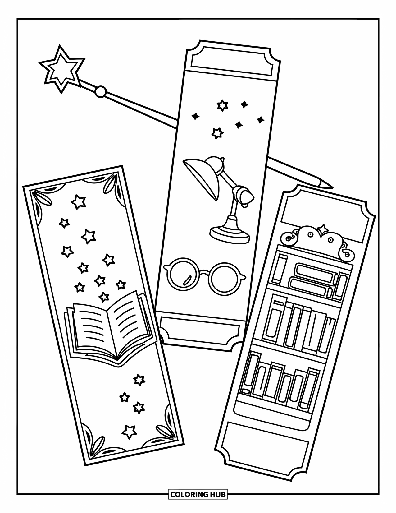 Bookmark Coloring Page for Kids: Magical reading bookmarks with book, glasses, lamp, and bookshelf