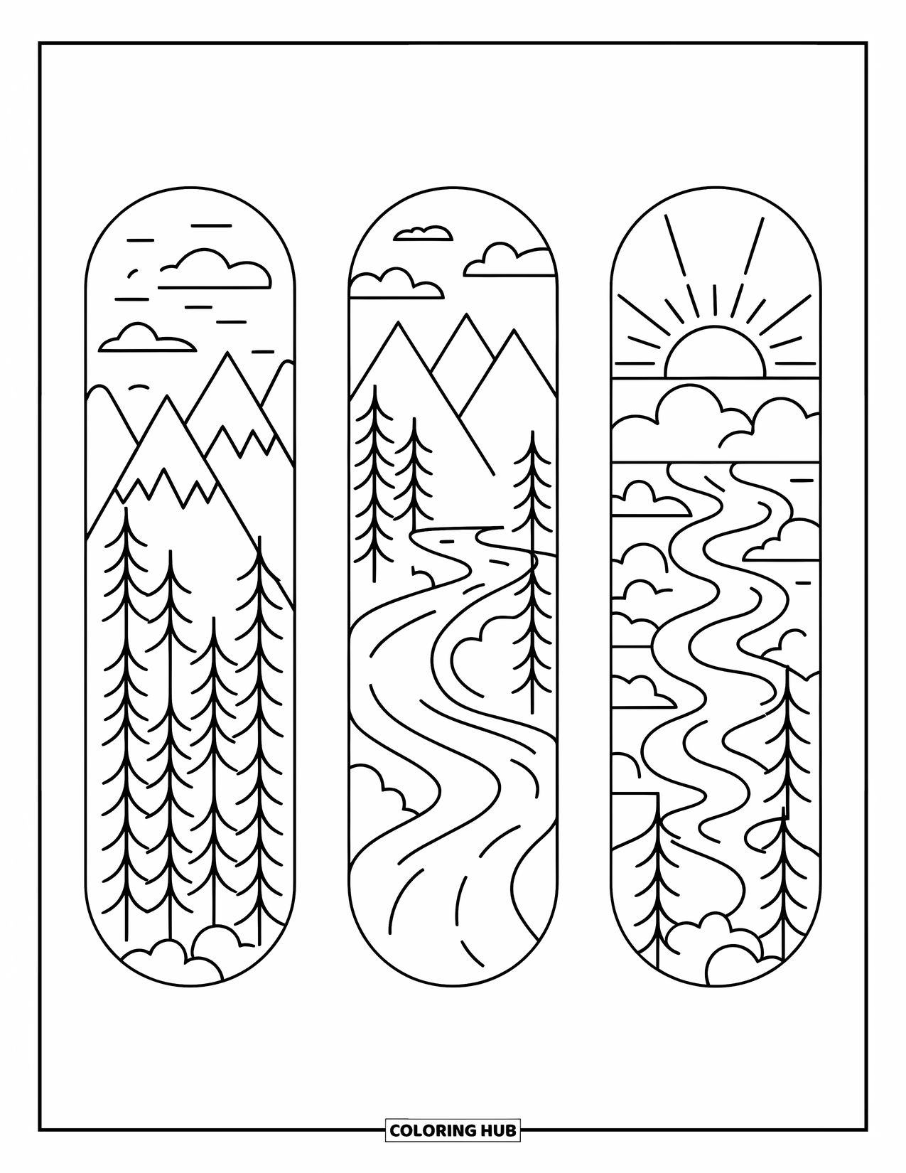 Bookmark Coloring Page for Kids: Mountains, flowing river, and sunrise on three nature bookmarks