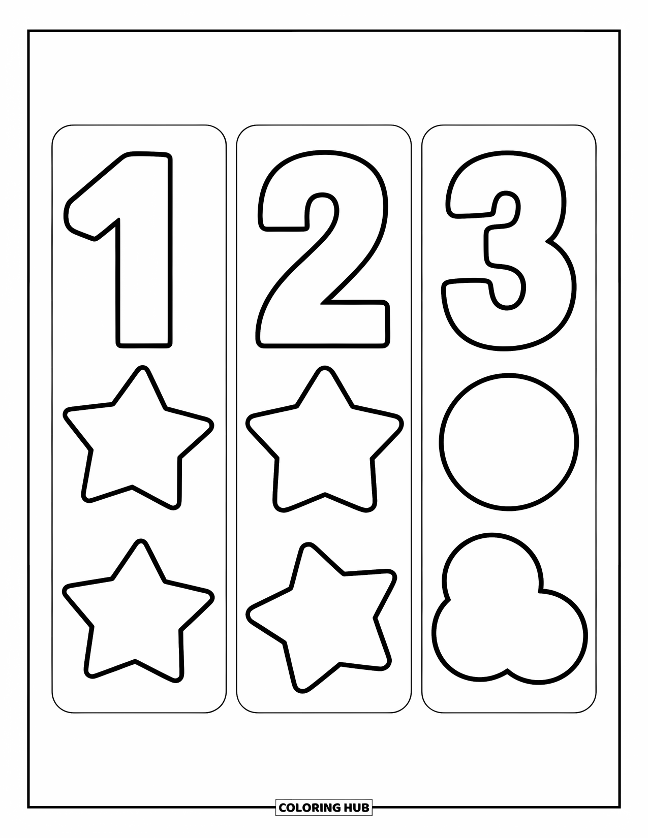Bookmark Coloring Page for Kids: Numbers 13 with shapes like stars and circles on bookmarks