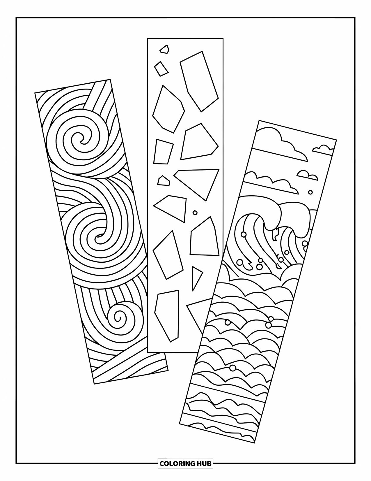 Bookmark Coloring Page for Kids: Patterned bookmarks with spirals, broken glass, and waves