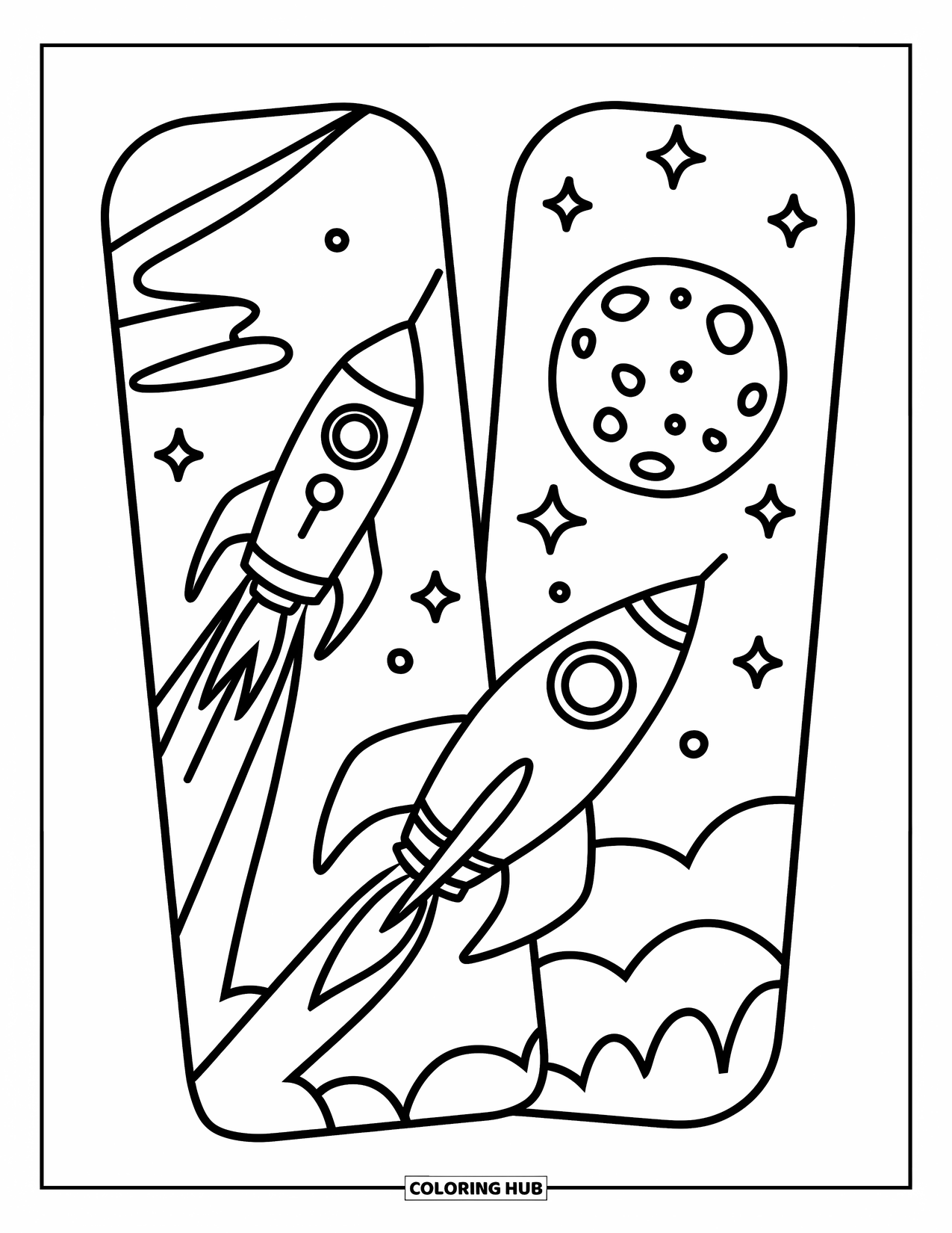 Bookmark Coloring Page for Kids: Rocket and moon bookmarks with simple shapes and starry sky