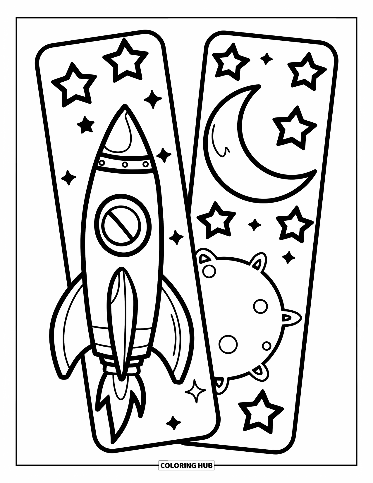 Bookmark Coloring Page for Kids: Rocket ship and moon with stars on playful bookmarks