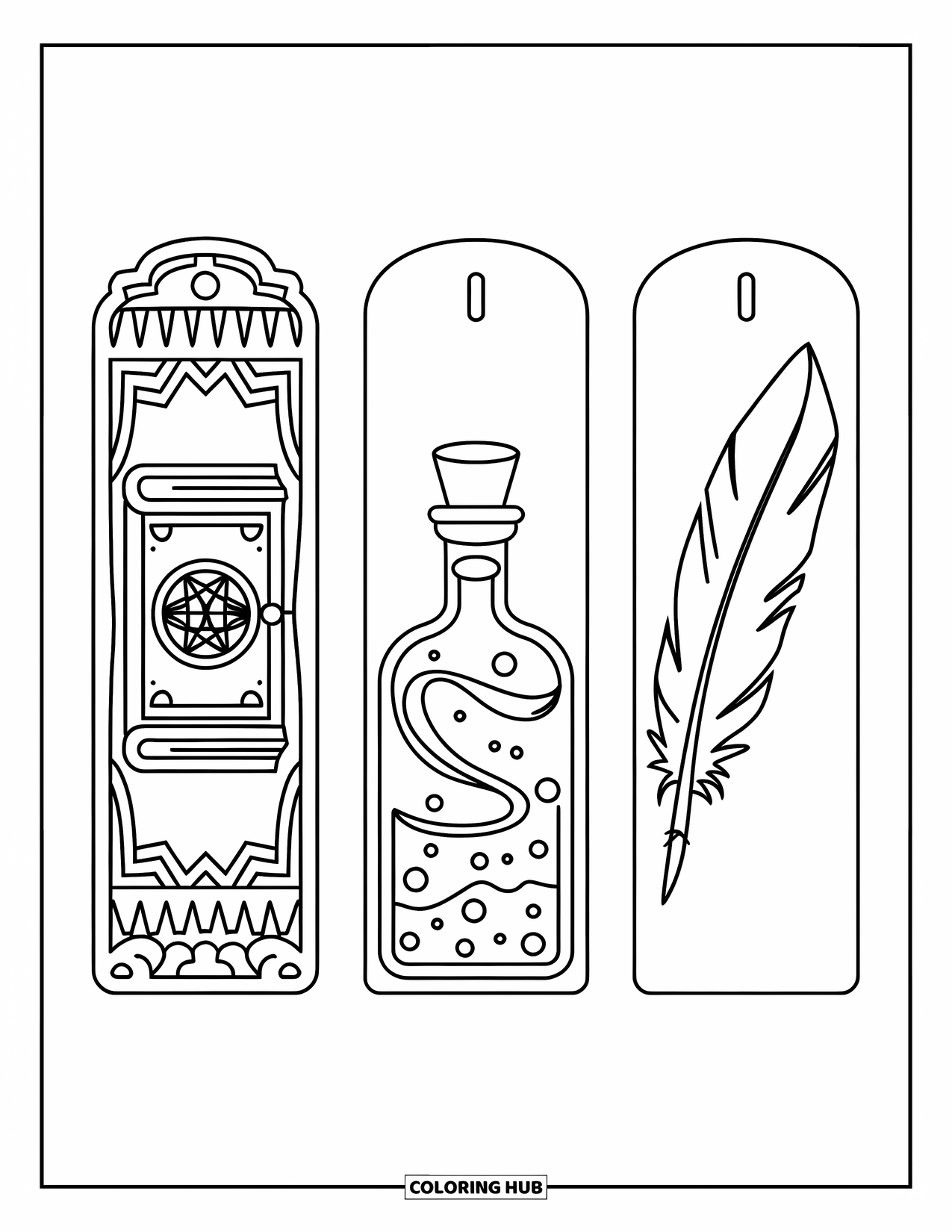 Bookmark Coloring Page for Kids: Spell book, potion bottle, and quill bookmarks with a magical vibe