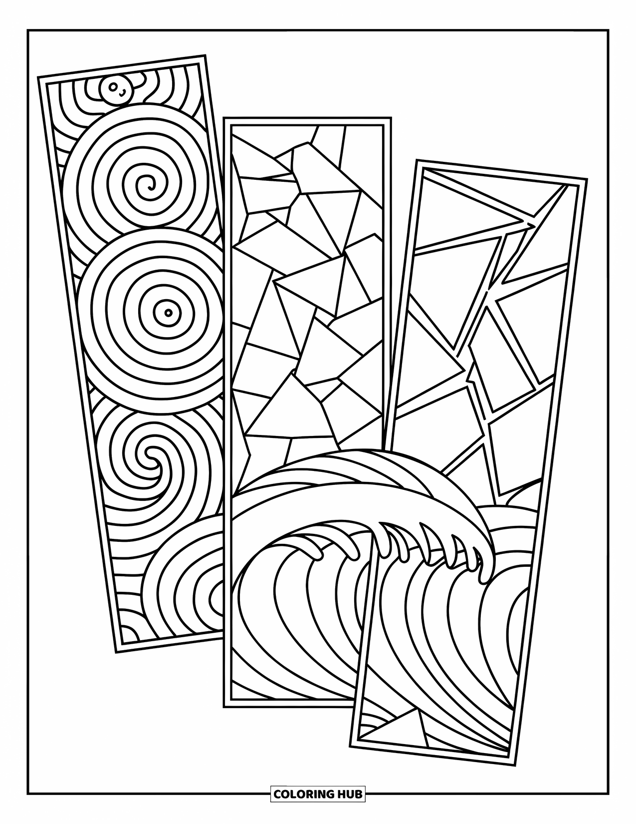 Bookmark Coloring Page for Kids: Spirals, broken glass, and waves on three patterned bookmarks