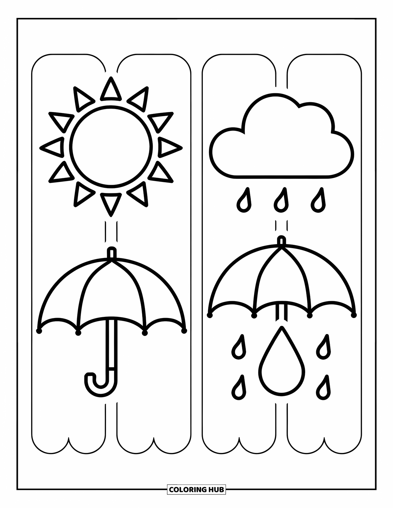 Bookmark Coloring Page for Kids: Sun, cloud, umbrella, and raindrop bookmarks with cheerful weather icons
