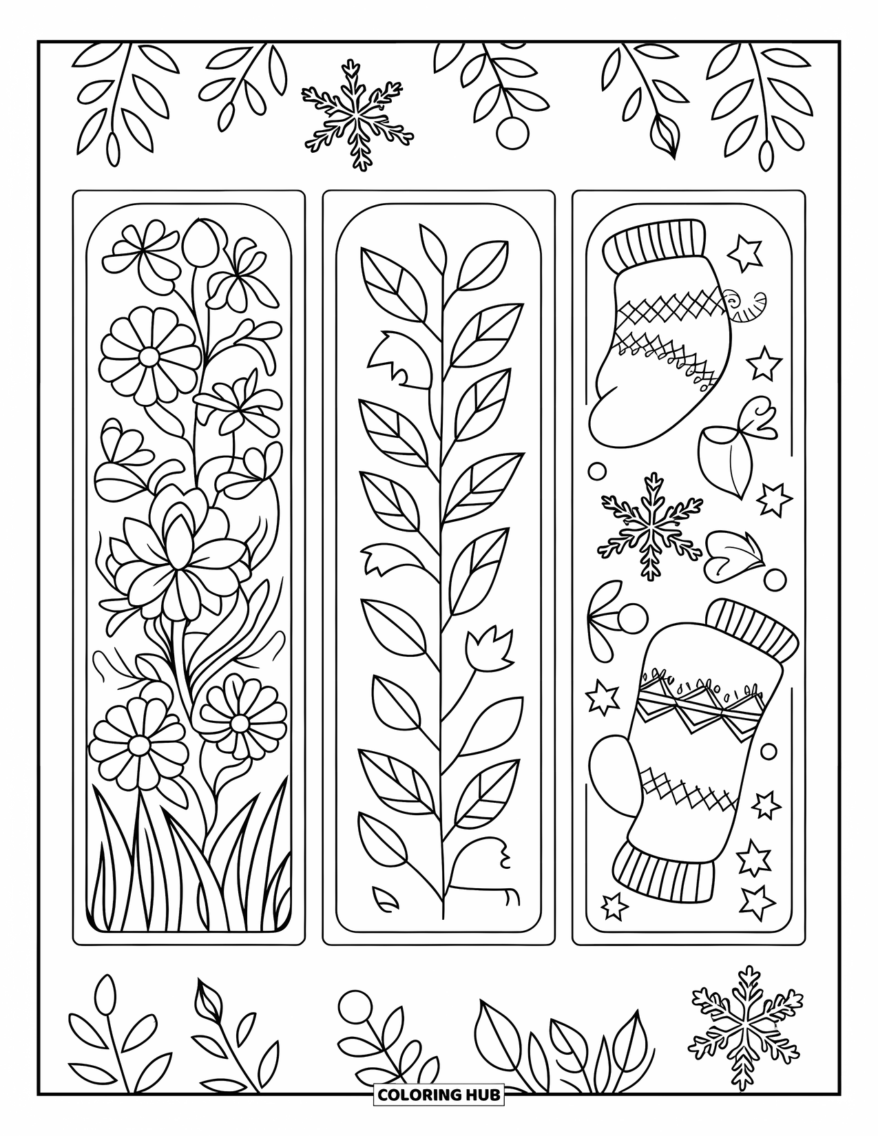 Bookmark Coloring Page for Kids: Three bookmarks with spring flowers, autumn leaves, and winter mittens