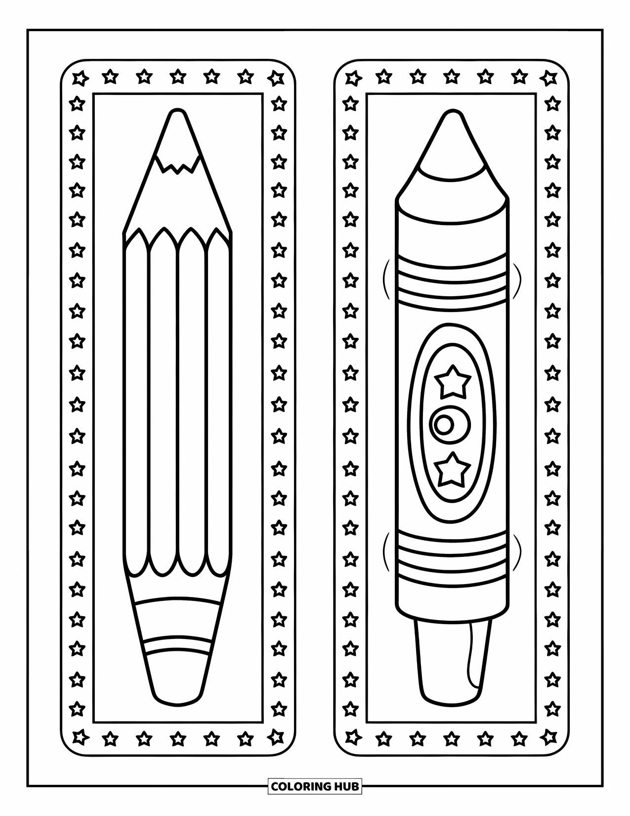 Bookmark Coloring Page for Kids: Two bookmarks with giant pencil and crayon covered in stars