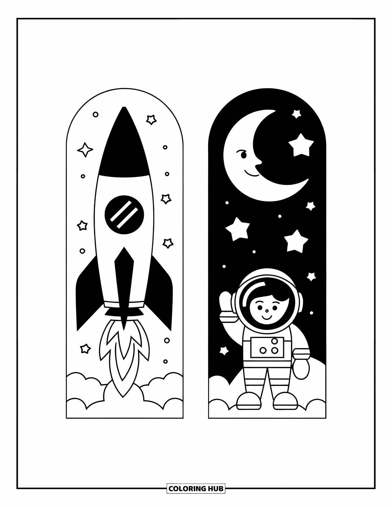 Bookmark Coloring Page for Kids: Two bookmarks with rocket ship and smiling moon with stars