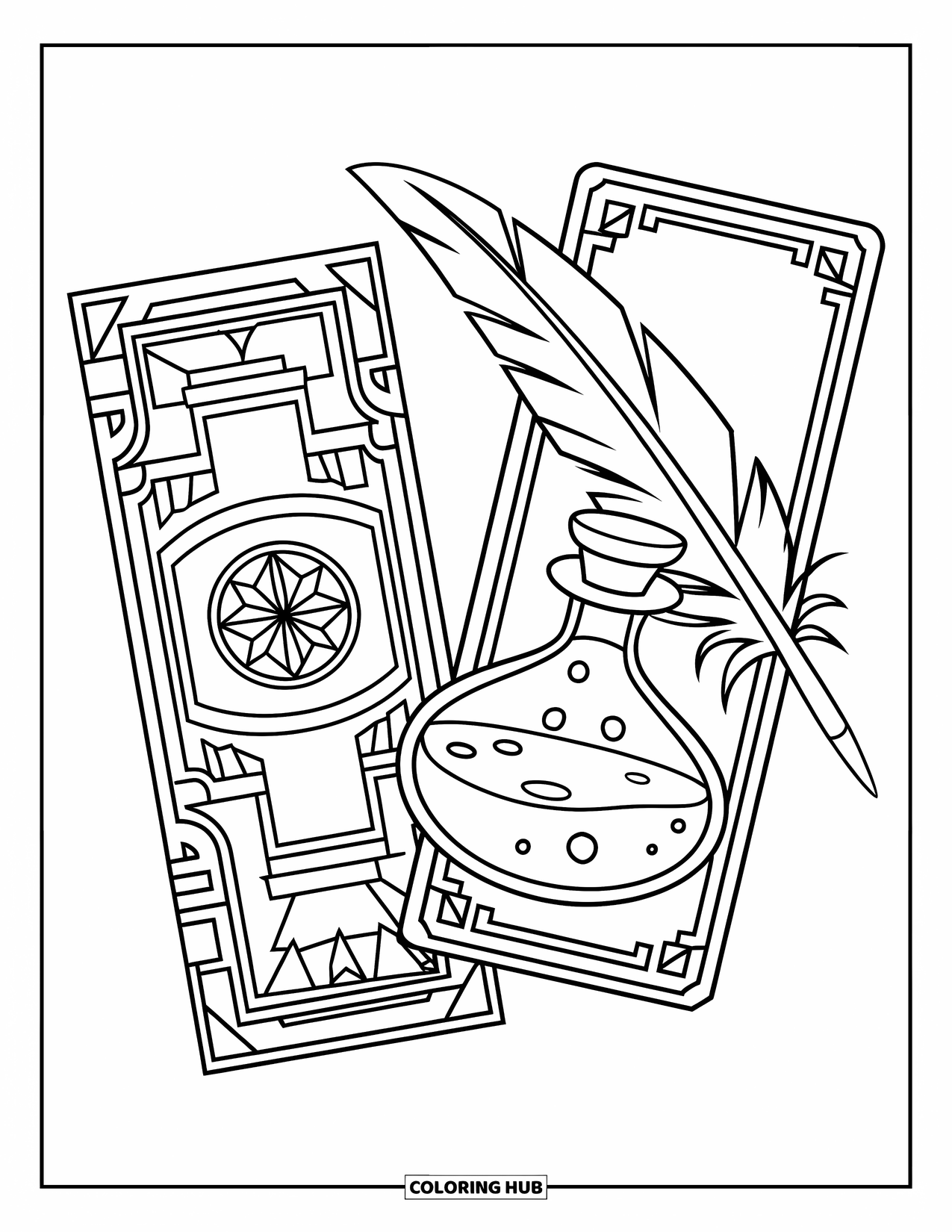 Bookmark Coloring Page for Kids: Two fantasy bookmarks with a spell book and a potion bottle
