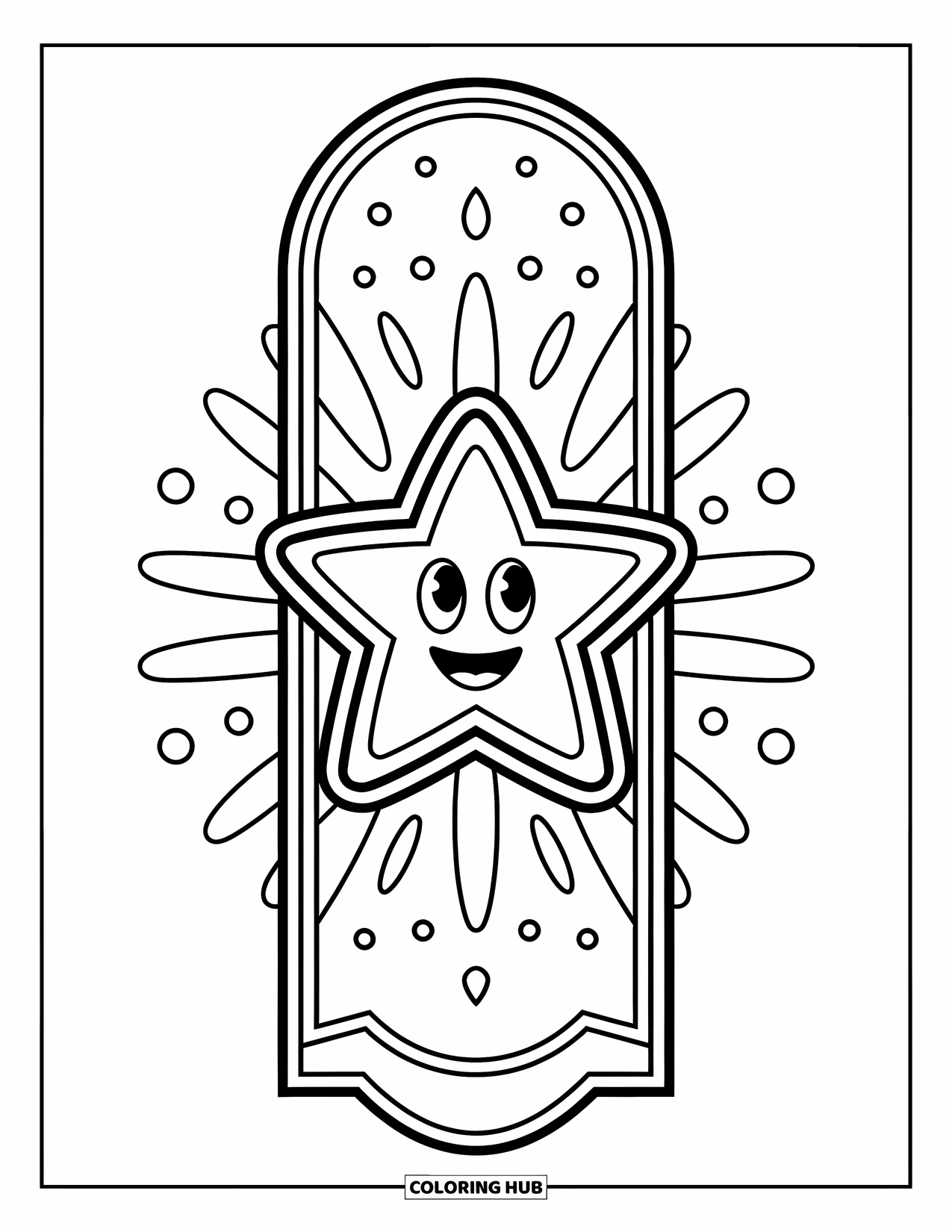 Bookmark Coloring Page for Kids: Vertical bookmark with happy star, dots, and lines
