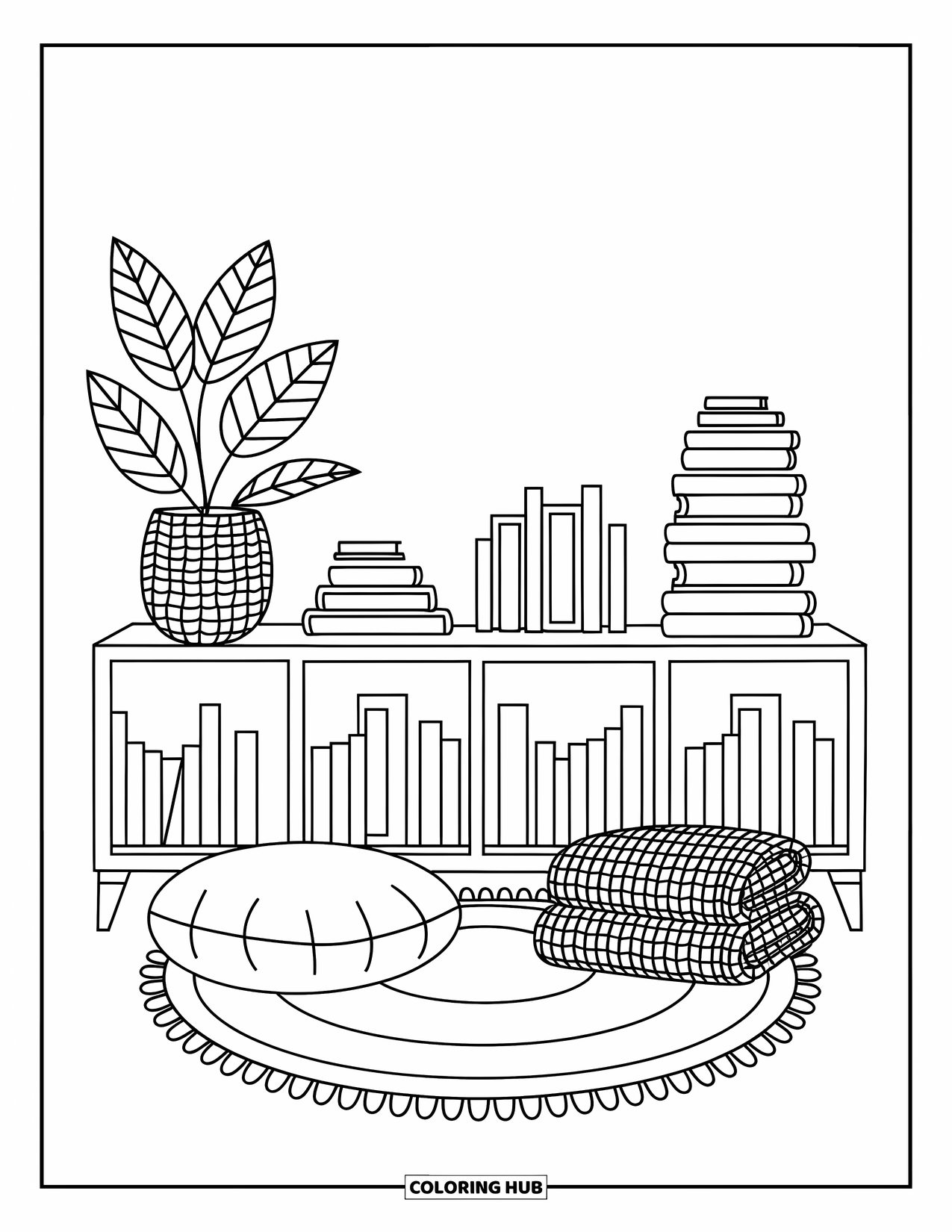 Bookshelf Coloring Page for Adults: Books, plants, and storage boxes fill a wide shelf above a cushion and circular rug