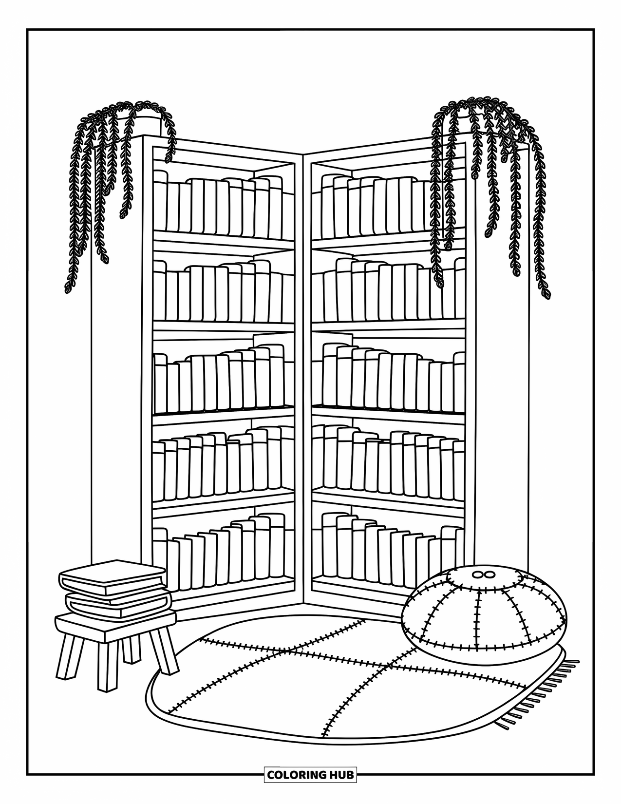 Bookshelf Coloring Page for Adults: Books with round spines fill an L-shaped shelf beside a cushion, rug, and footstool