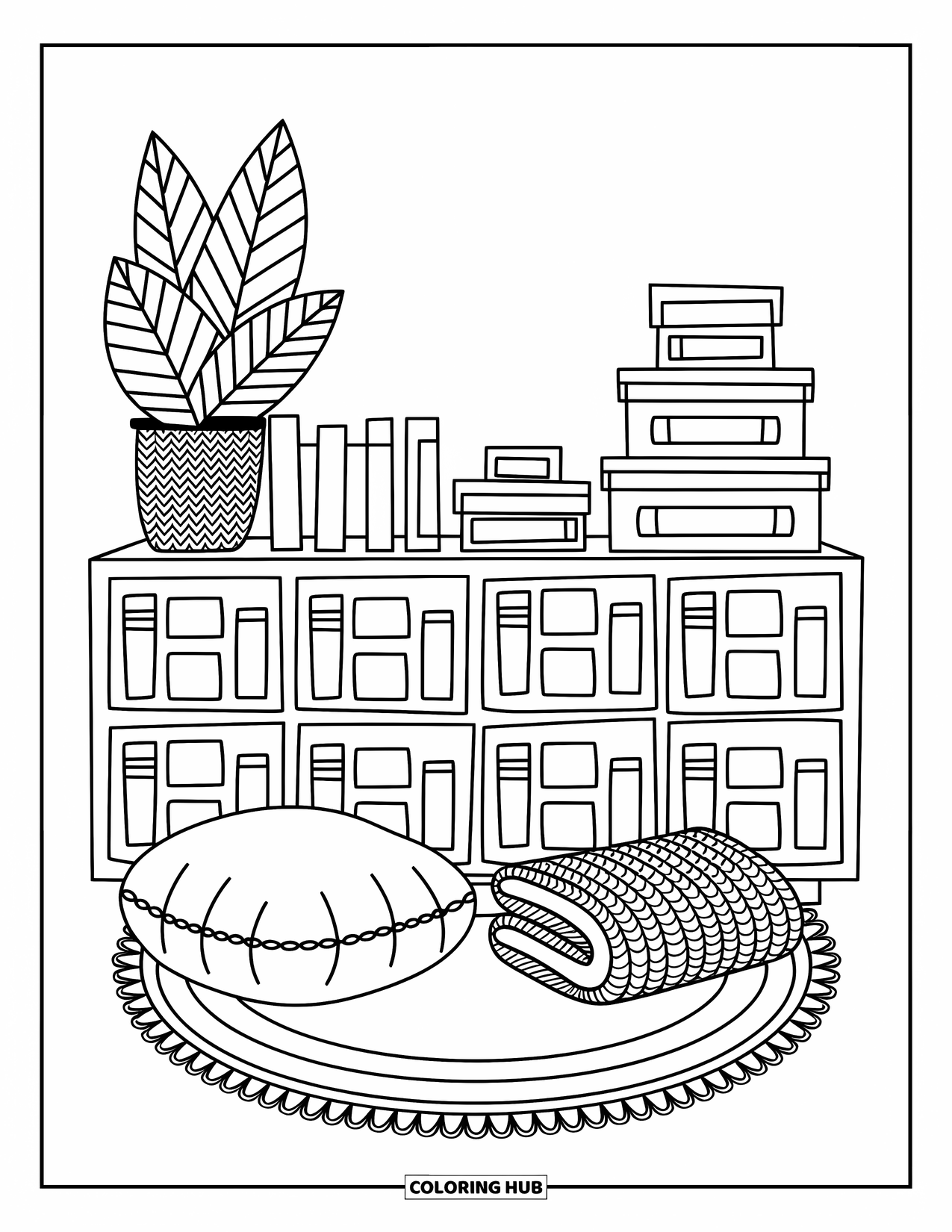 Bookshelf Coloring Page for Adults: Cute cubby shelf with books, a big plant, nesting boxes, and a cozy floor setup