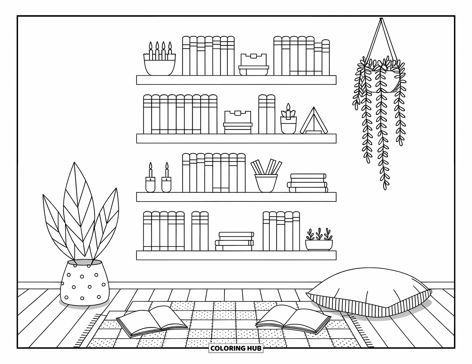 Bookshelf Coloring Page for Adults: Floating bookshelves hold cute items above a rug with notebooks and a floor cushion