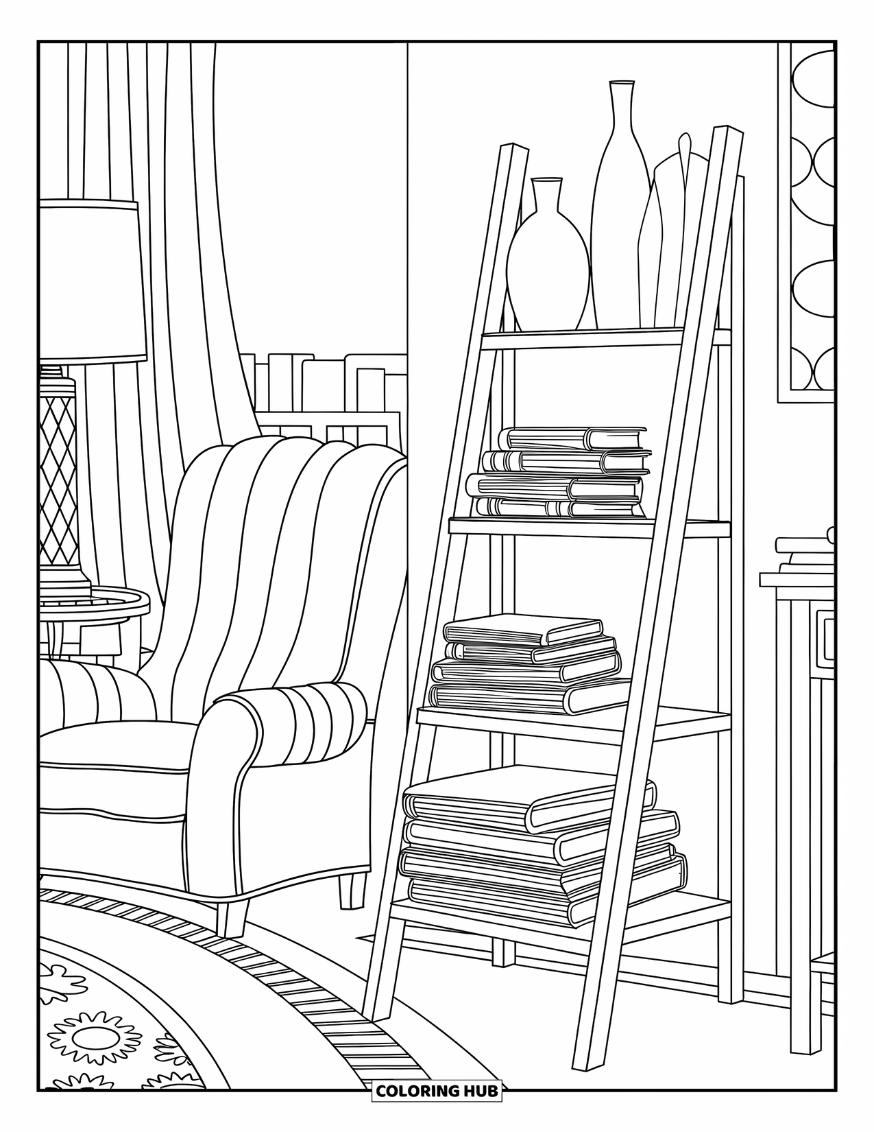 Bookshelf Coloring Page for Adults: Ladder bookshelf with journals, vases, chair, rug, lamp, and patterned wall