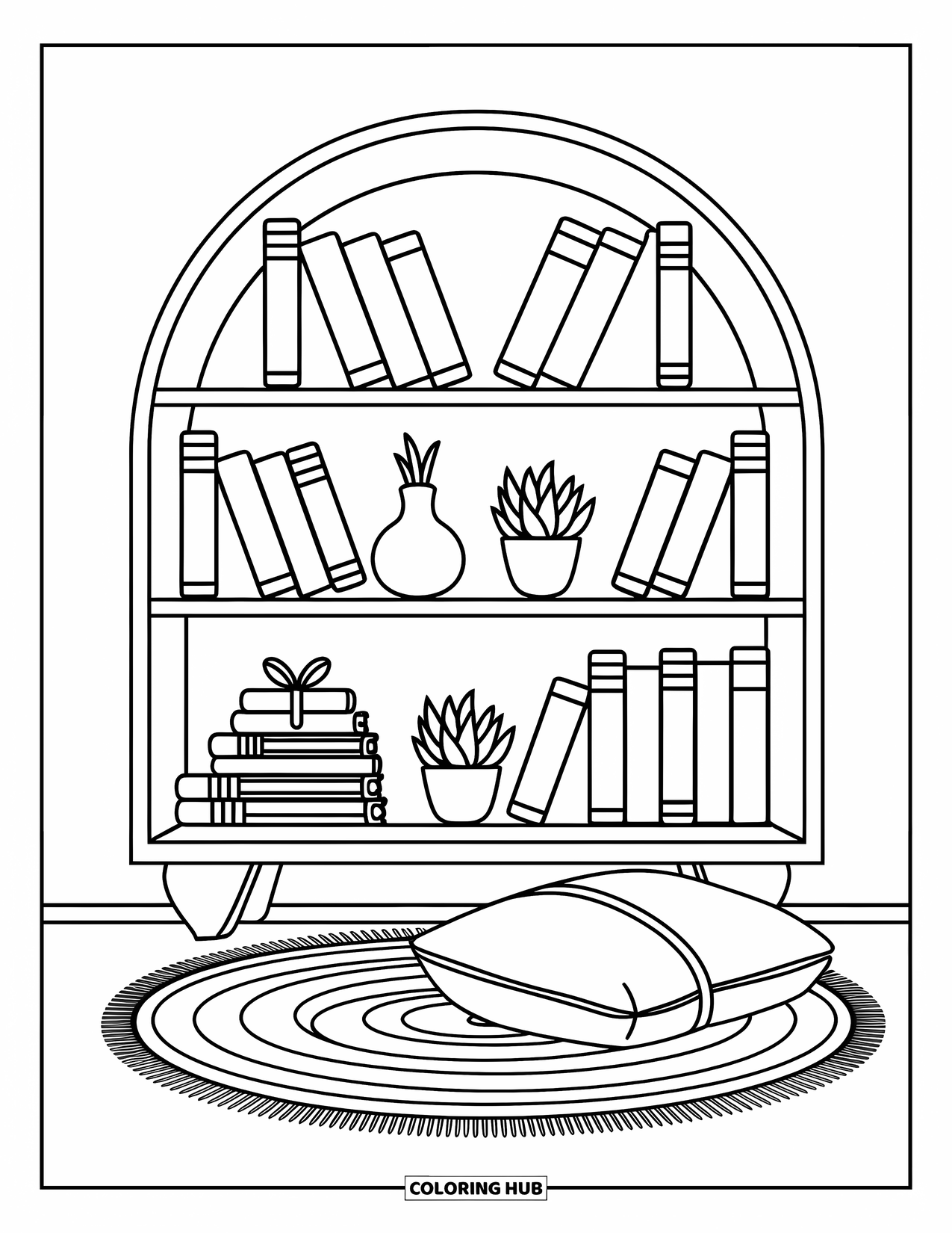 Bookshelf Coloring Page for Adults: Playful books, journals, and succulents fill a rounded shelf near a cushion and mat