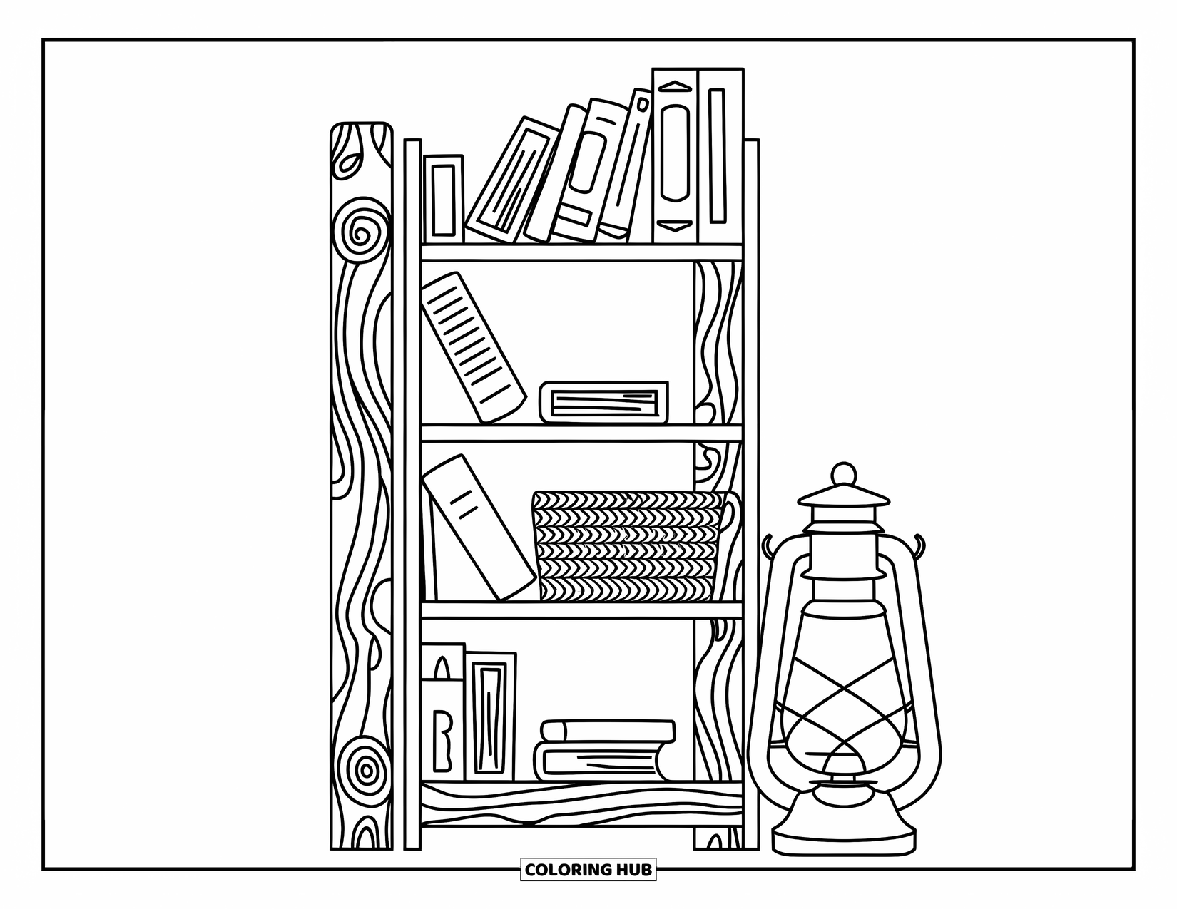 Bookshelf Coloring Page for Adults: Rustic bookcase with poetry books, a woven basket, and a lantern for cozy vibes