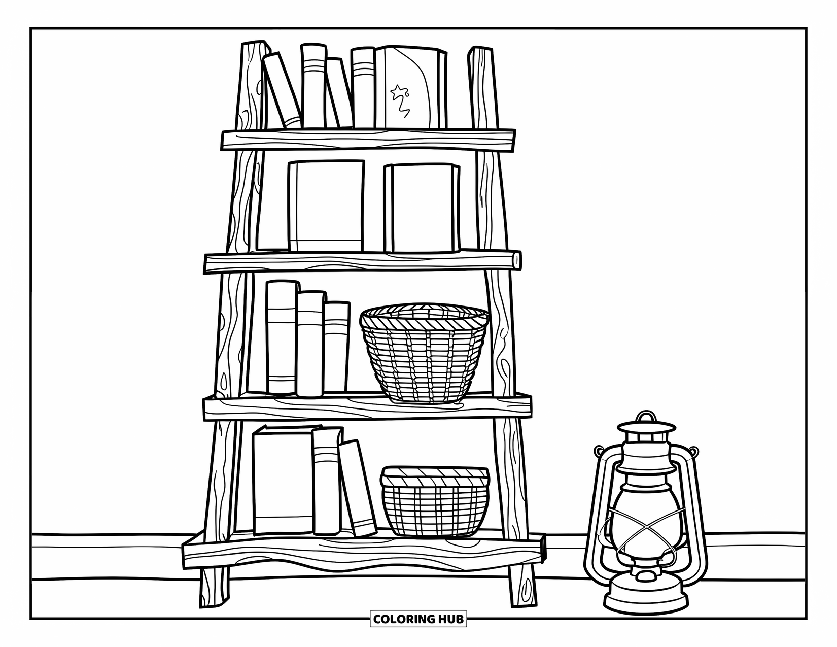 Bookshelf Coloring Page for Adults: Rustic bookcase with uneven planks, poetry books, and a lantern beside a white wall