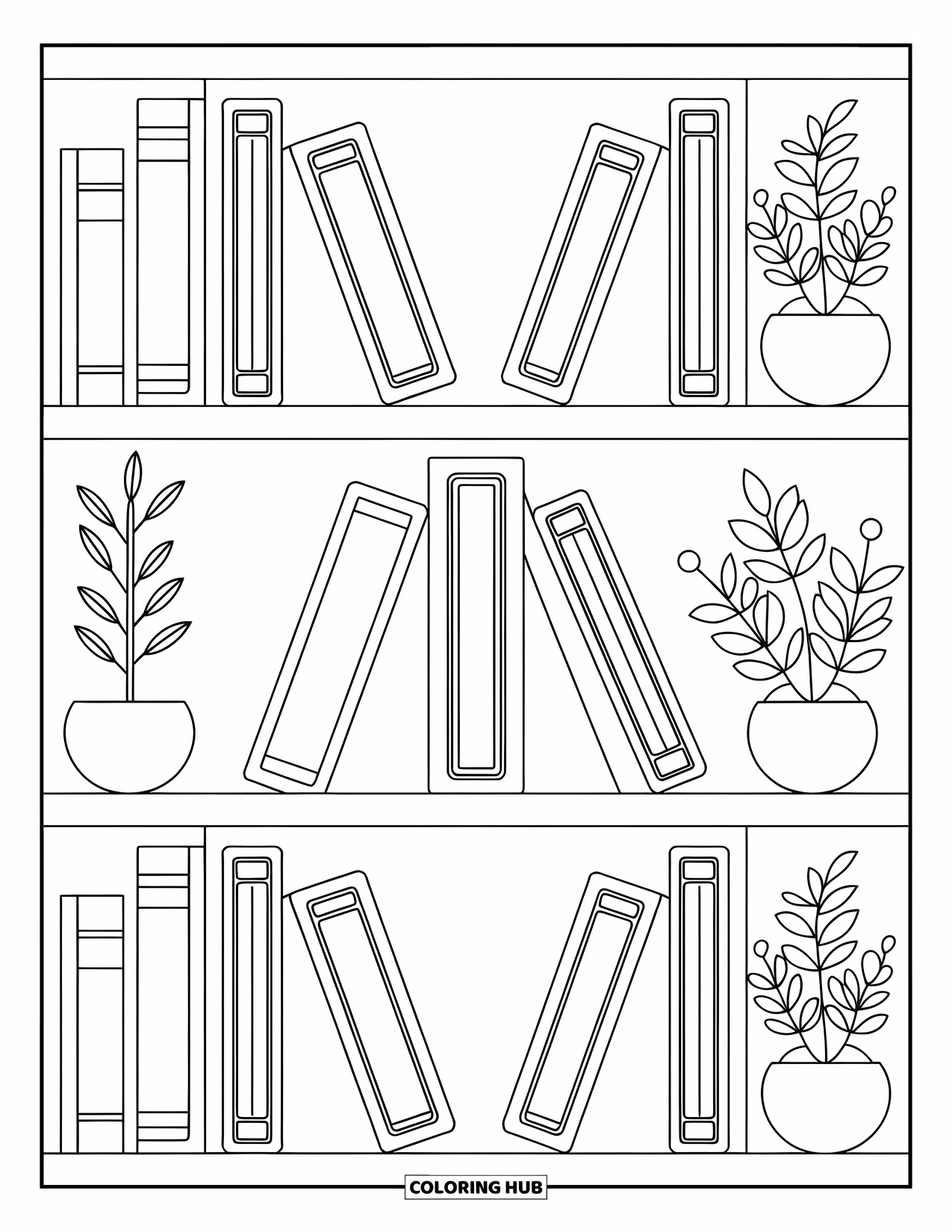 Bookshelf Coloring Page for Adults: Symmetrical bookshelf with hardcovers and plants in a clean, peaceful setup