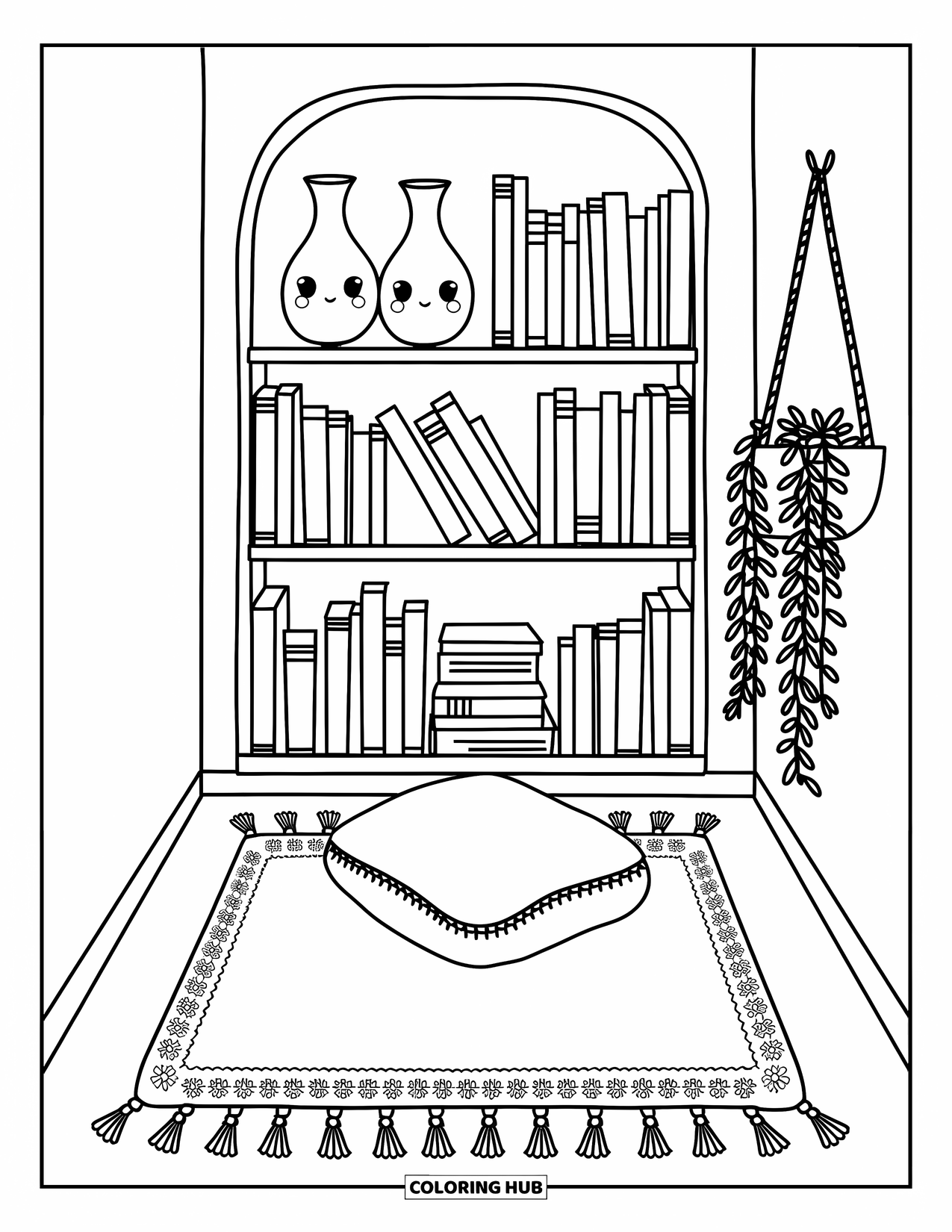 Bookshelf Coloring Page for Adults: Tall shelf with vases, lace, and a soft rug holding a square floor cushion